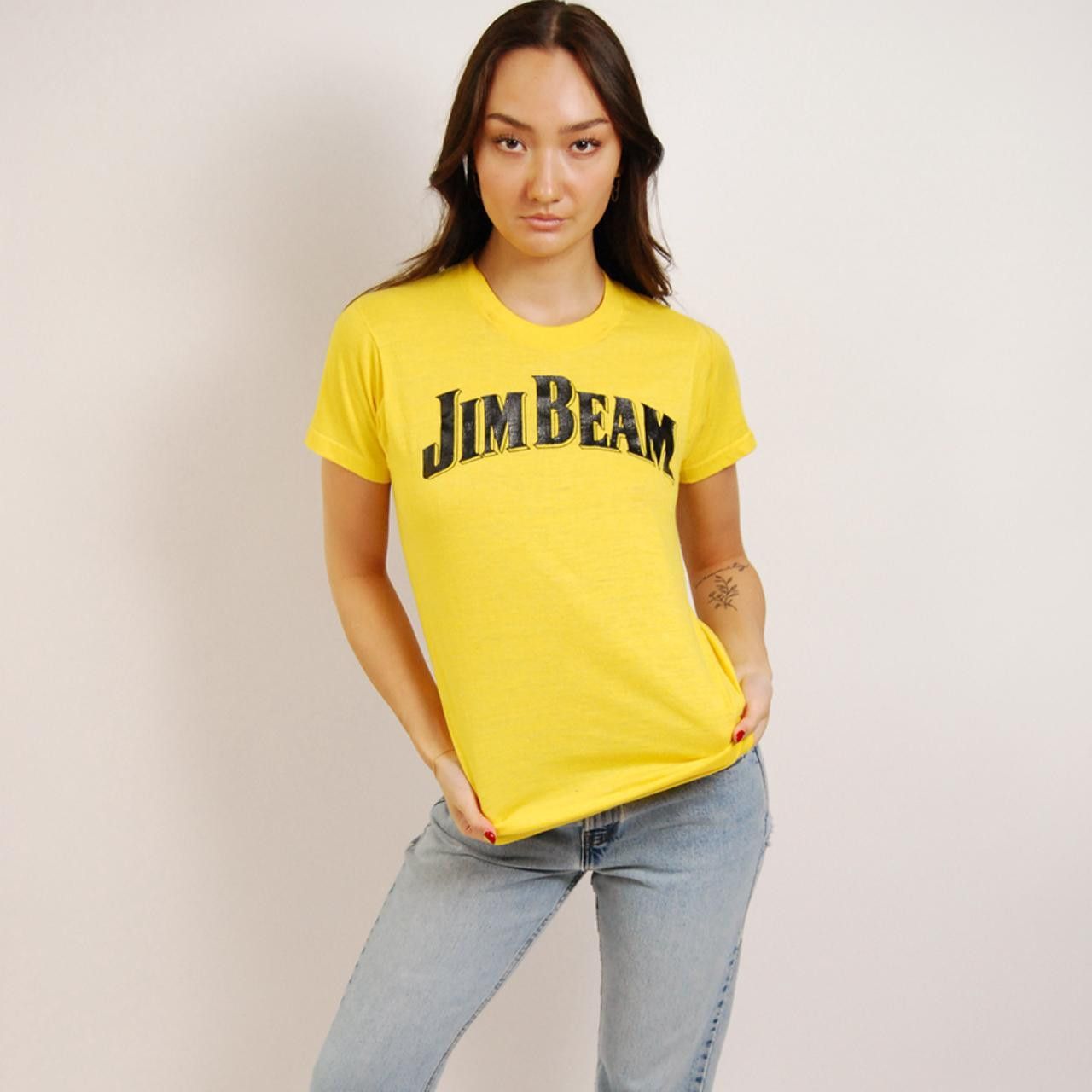 Vintage 70s Jim Beam T-shirt (S) vintage yellow single stitch medium Size US S / EU 44-46 / 1 - 4 Thumbnail