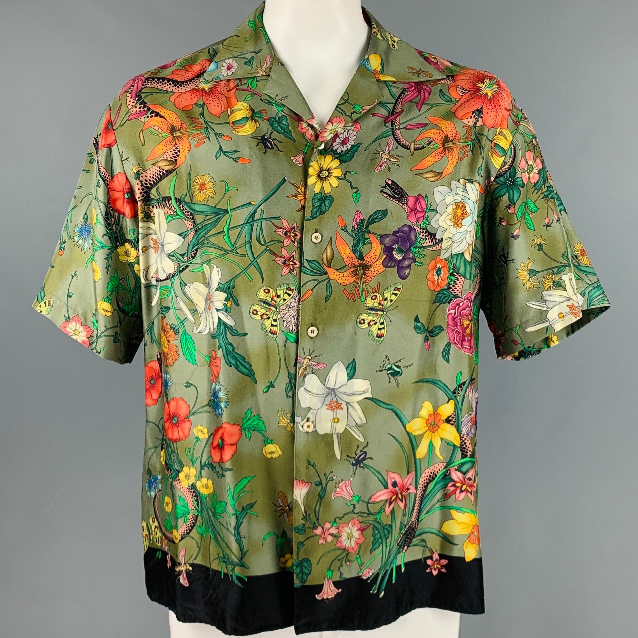 image of Gucci Green Multicolor Print Silk Camp Short Sleeve Shirt in Olive, Men's (Size 2XL)