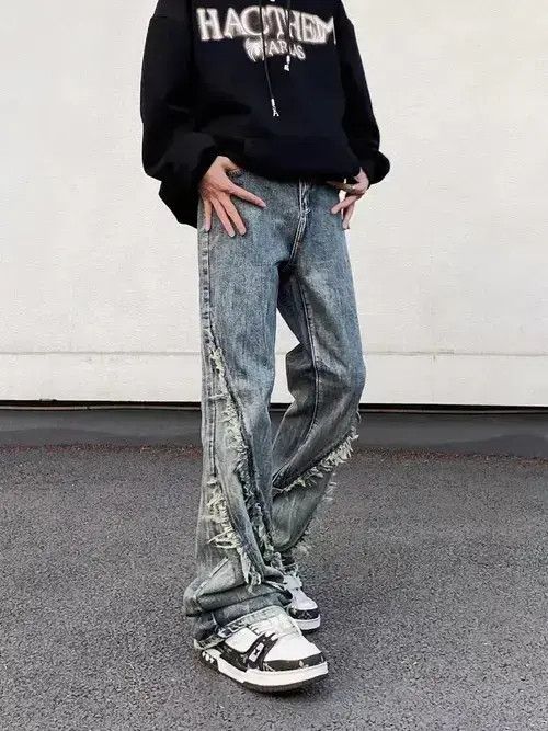 Japanese Brand × Jean Vintage washed fringed raw edge straight-leg jeans Size US 32 / EU 48 - 4 Thumbnail