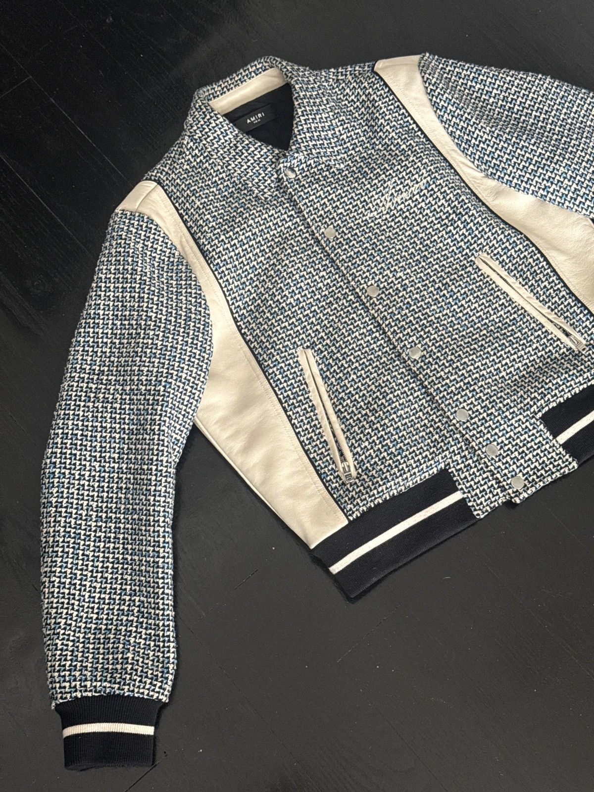 Amiri Amiri Bouclé & Leather Varsity Jacket – Navy/Cream – Size 50 Size US M / EU 48-50 / 2 - 9 Thumbnail