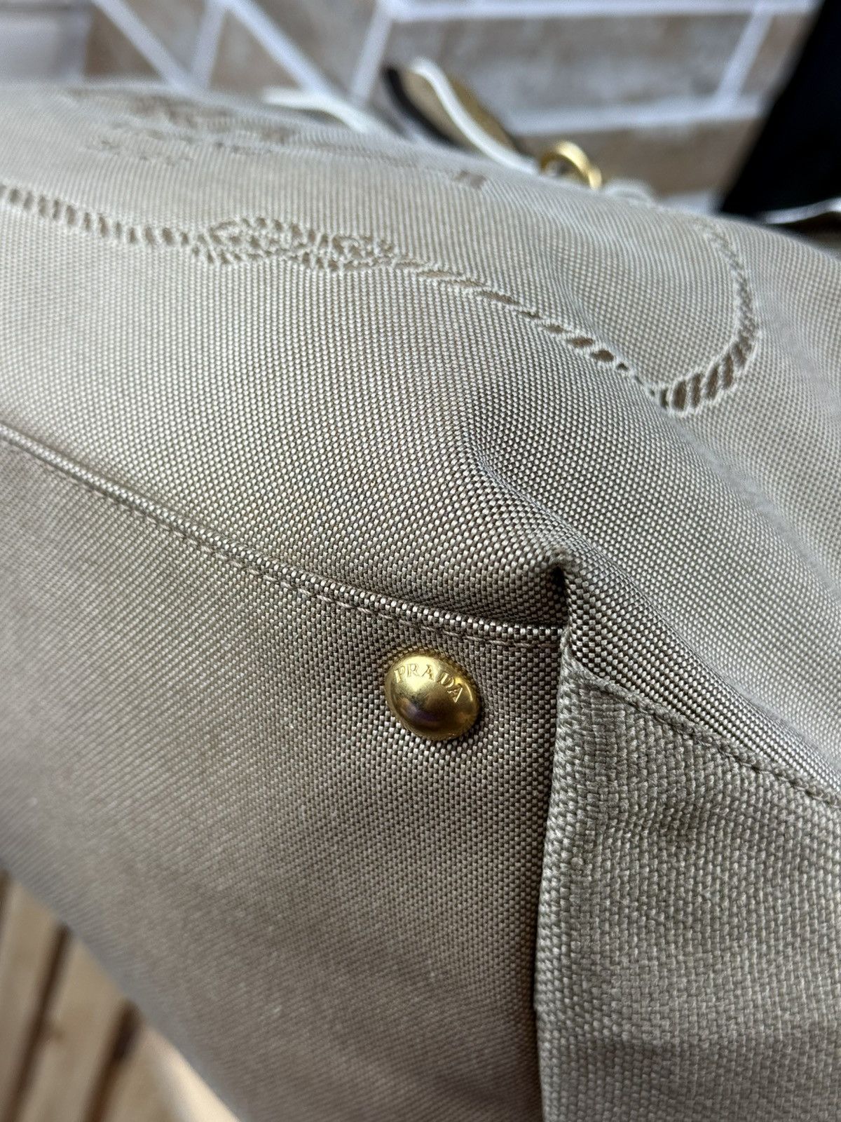 Prada Prada Brown Logo Jacquard Canvas Mettalic Gold Handle Bag Size ONE SIZE - 10 Thumbnail