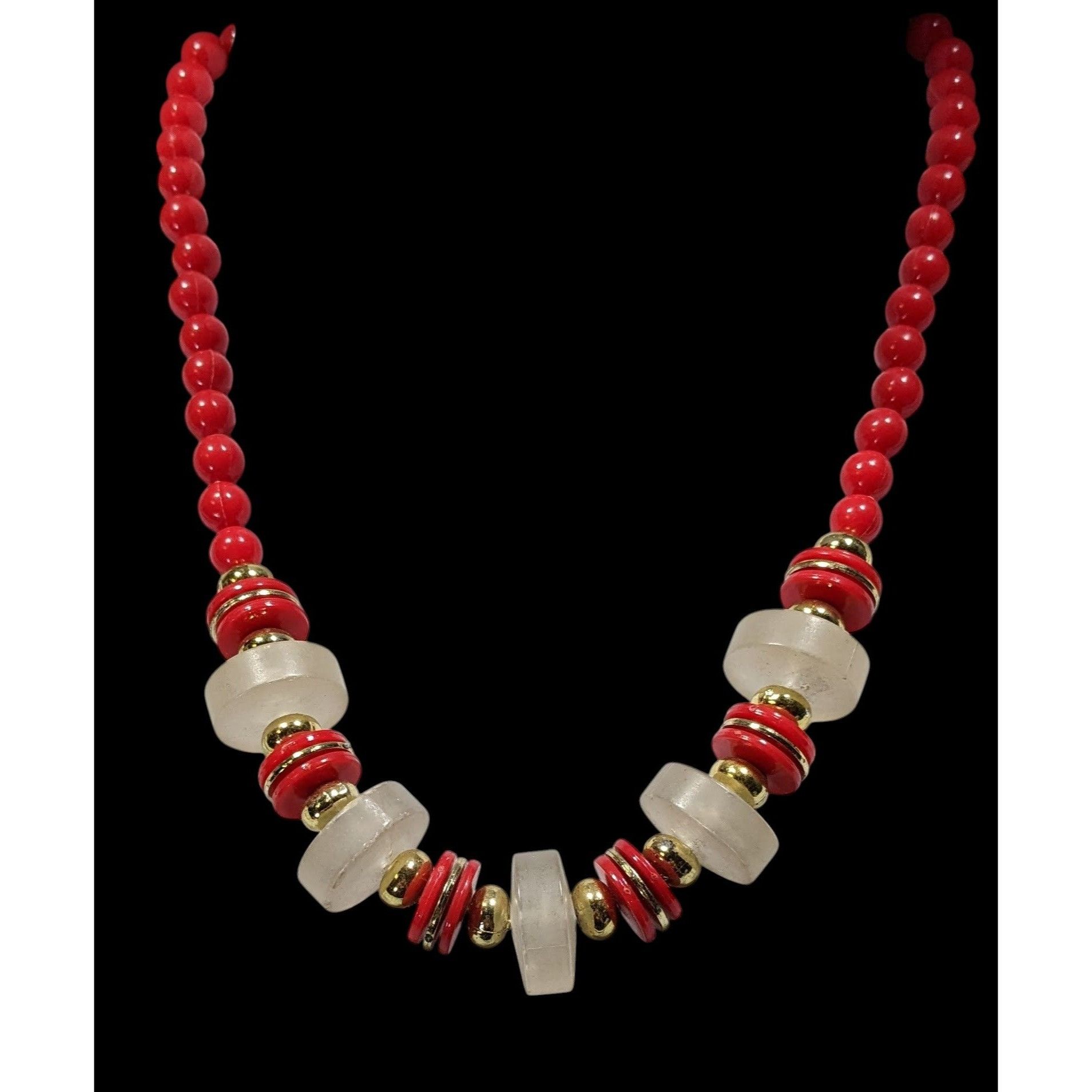Other Vintage Retro Red Beaded Necklace W/ Frosted Clear & Gold To Size ONE SIZE - 2 Thumbnail