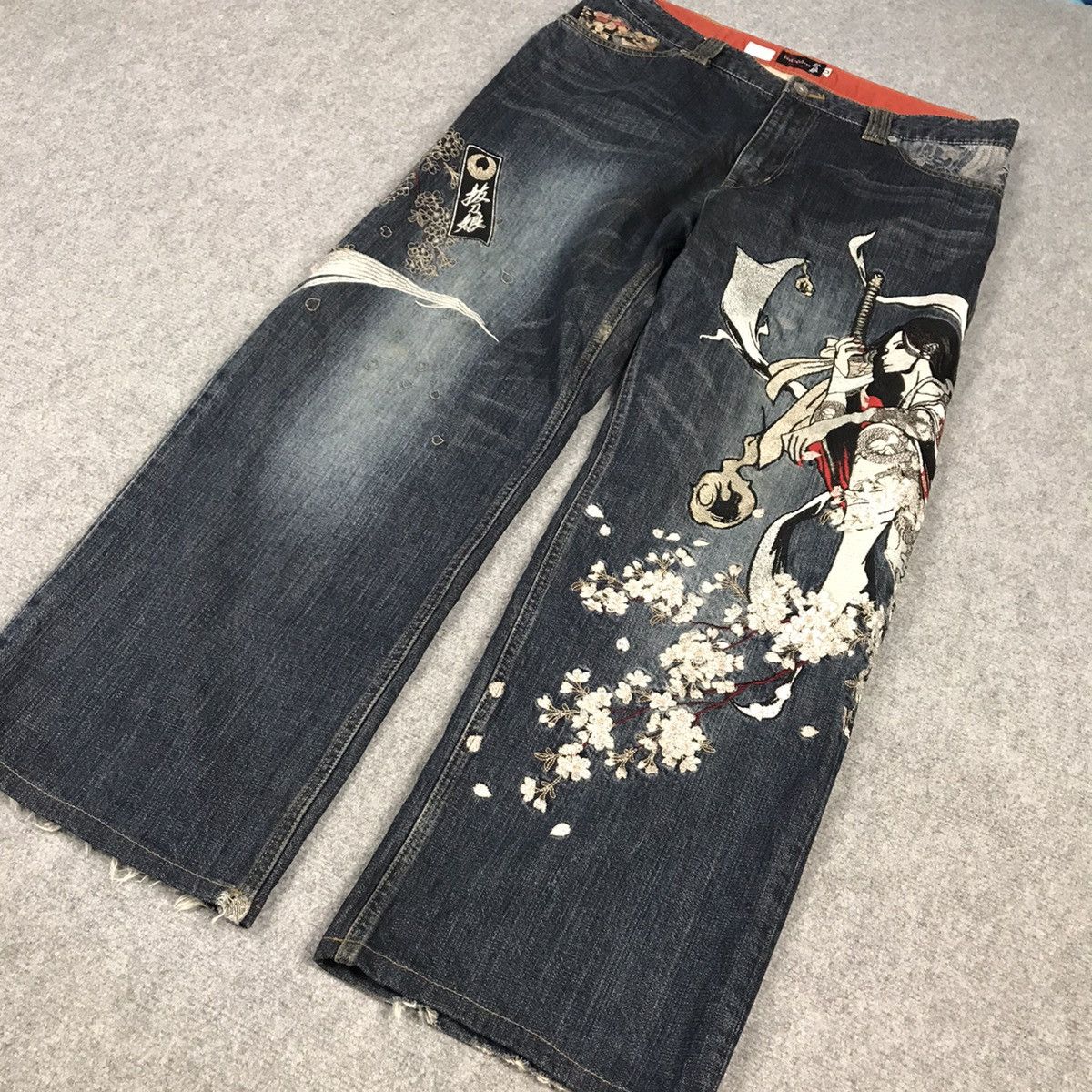 JAPANESE DENIM STYLE EMBROIDERY ART BAGGY PANTS