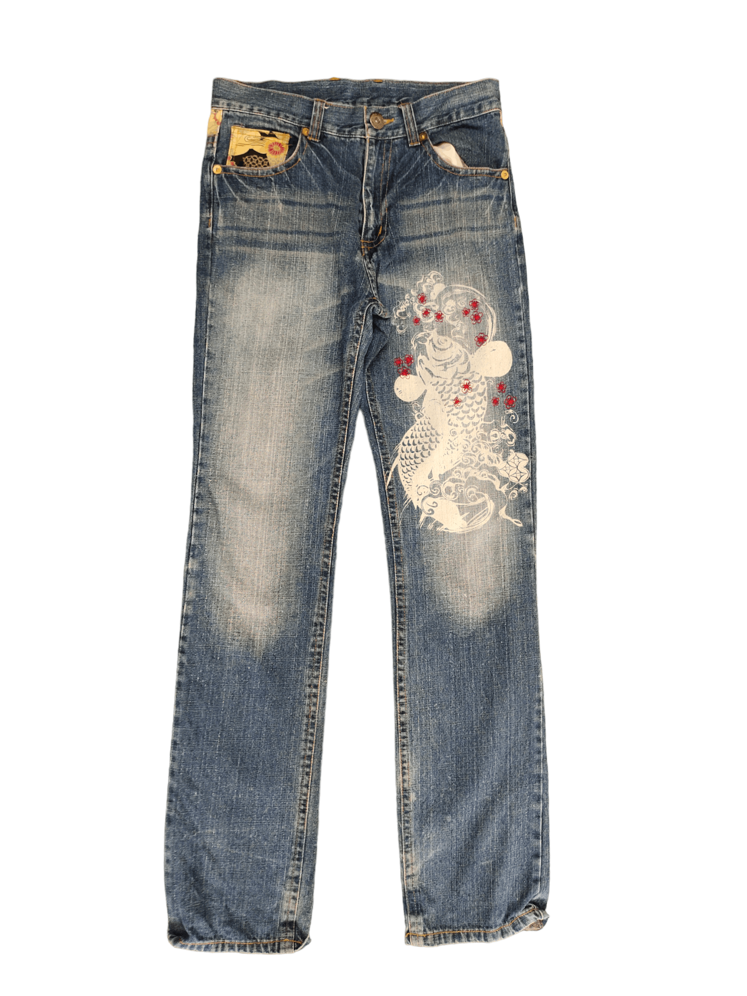 image of Vintage Sukajan Koi Embroidered Denim Jeans Karakuri Tamashi Y2K, Men's (Size 31)