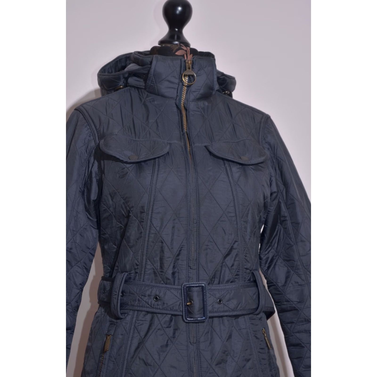 Barbour Barbour Grace Polarquilt Navy Quilted Belted Hooded Zip Pockets Jacket Womens UK10 US6 - Barbour Quilted Coat Core Size L / US 10 / IT 46 - 2 Thumbnail