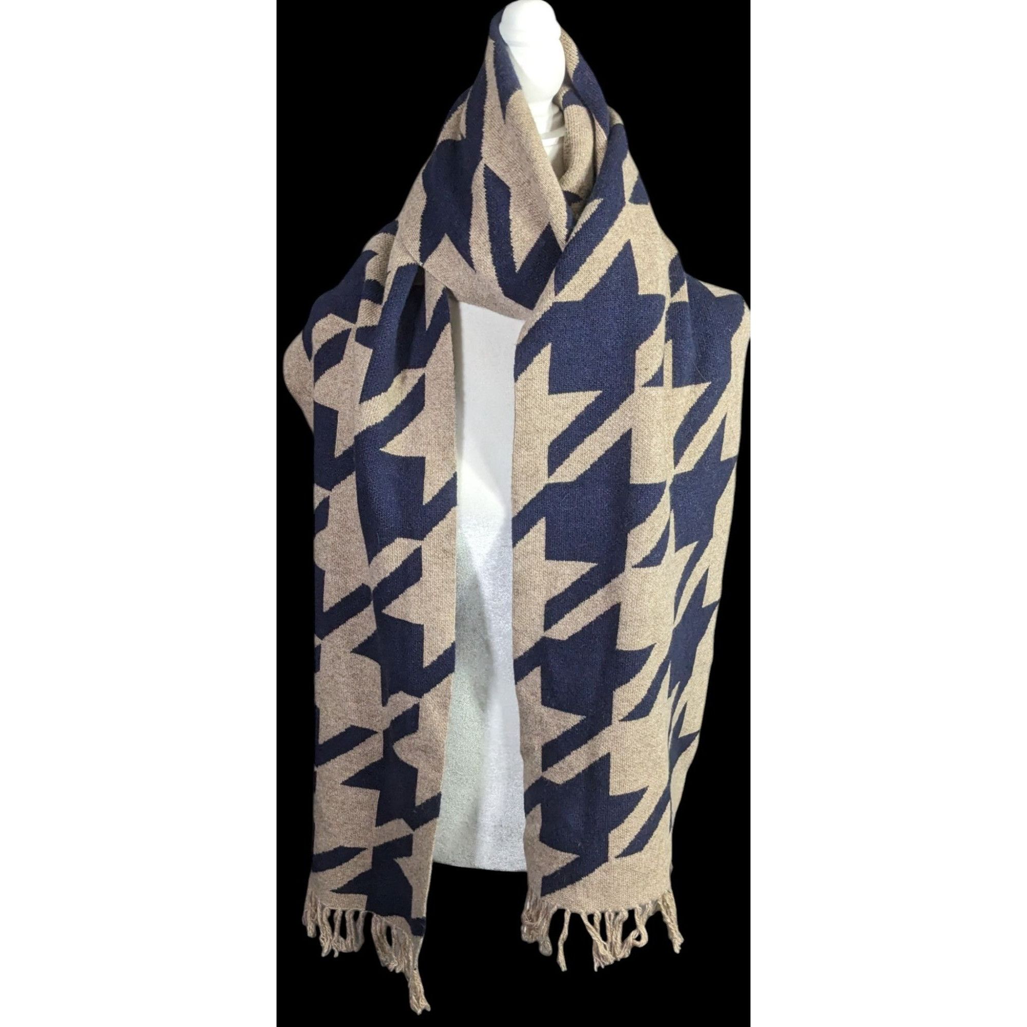 Other Preppy Houndstooth Pattern Tan & Navy Knit Scarf With Fringe Size ONE SIZE - 2 Thumbnail