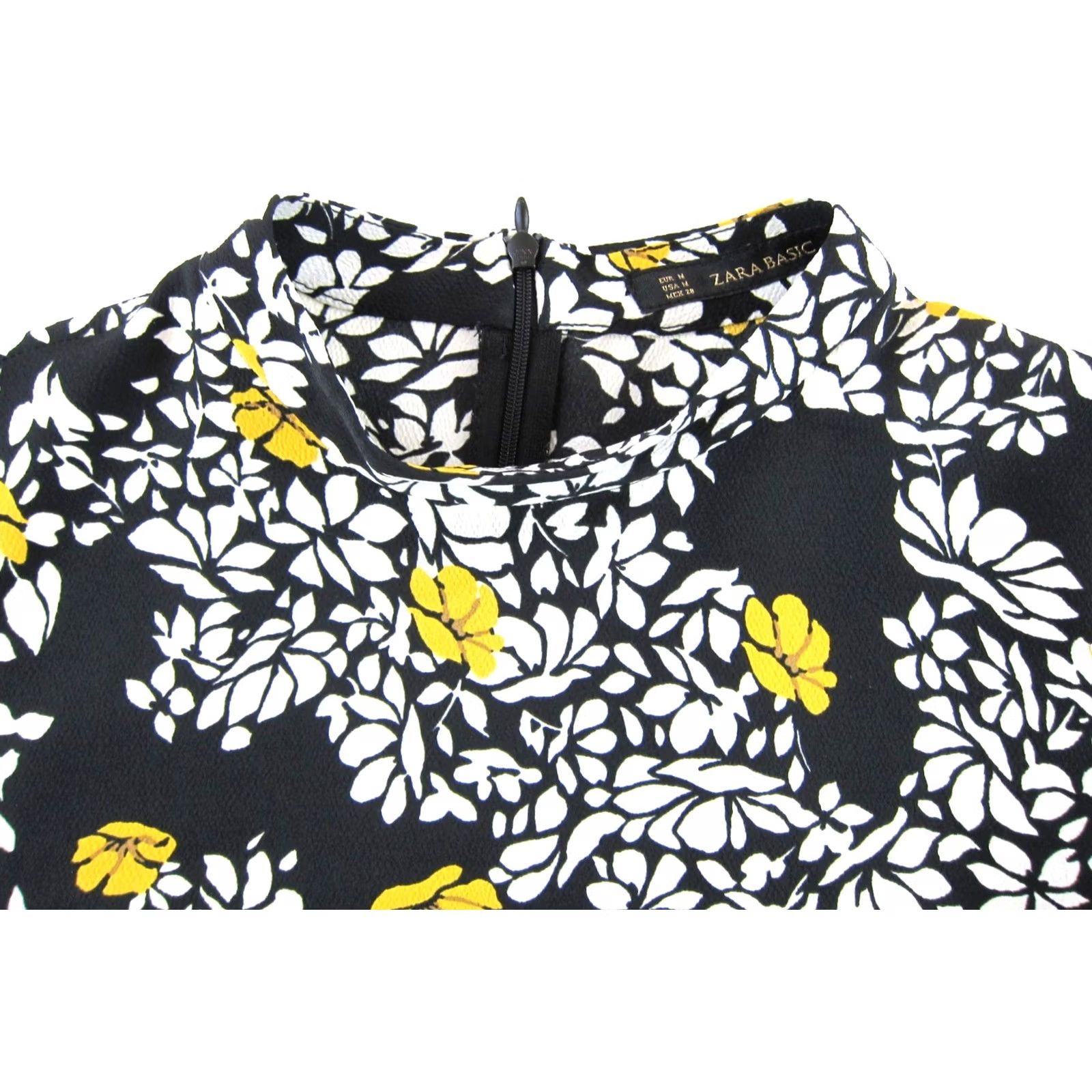 Zara ZARA BASIC Black White Yellow Floral High Neck Short Sleeve Empire Waist Dress M Size 32" / US 10 / IT 46 - 4 Thumbnail
