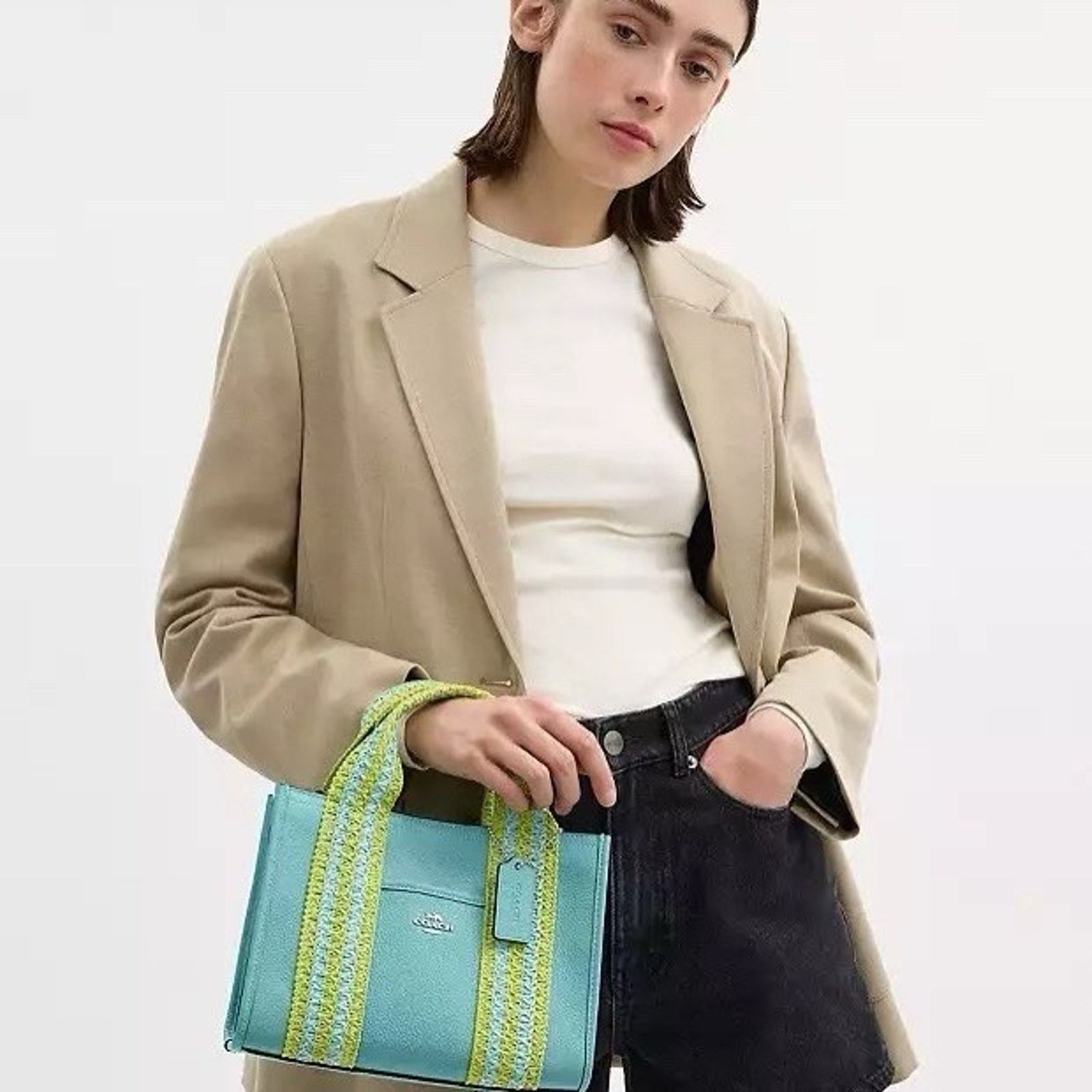 Coach NWT Coach Smith Tote Bag 24 CBG91 Straw Leather Turquoise Size ONE SIZE - 8 Thumbnail