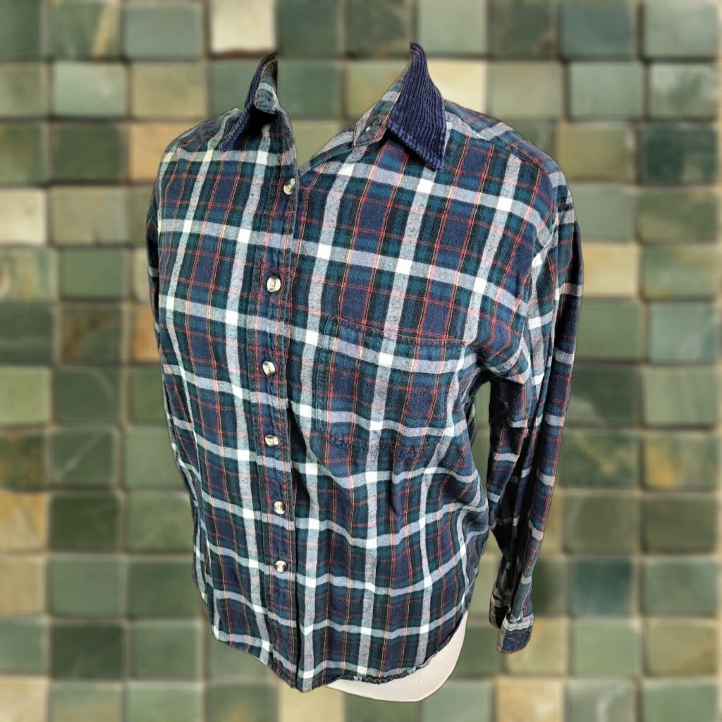 Vintage VINTAGE 90s Plaid Shirt Women's Blue Corduroy Collar Long Sleeve Grunge Large Size L / US 10 / IT 46 - 1 Thumbnail
