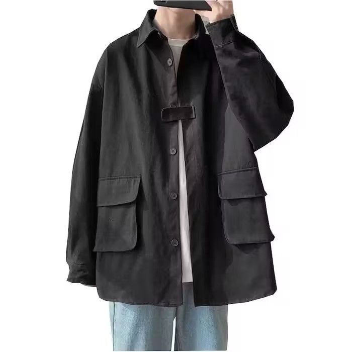 image of Vintage Korean Style Long Sleeved Outwears Casual Single Breasted in Black, Men's (Size Medium)
