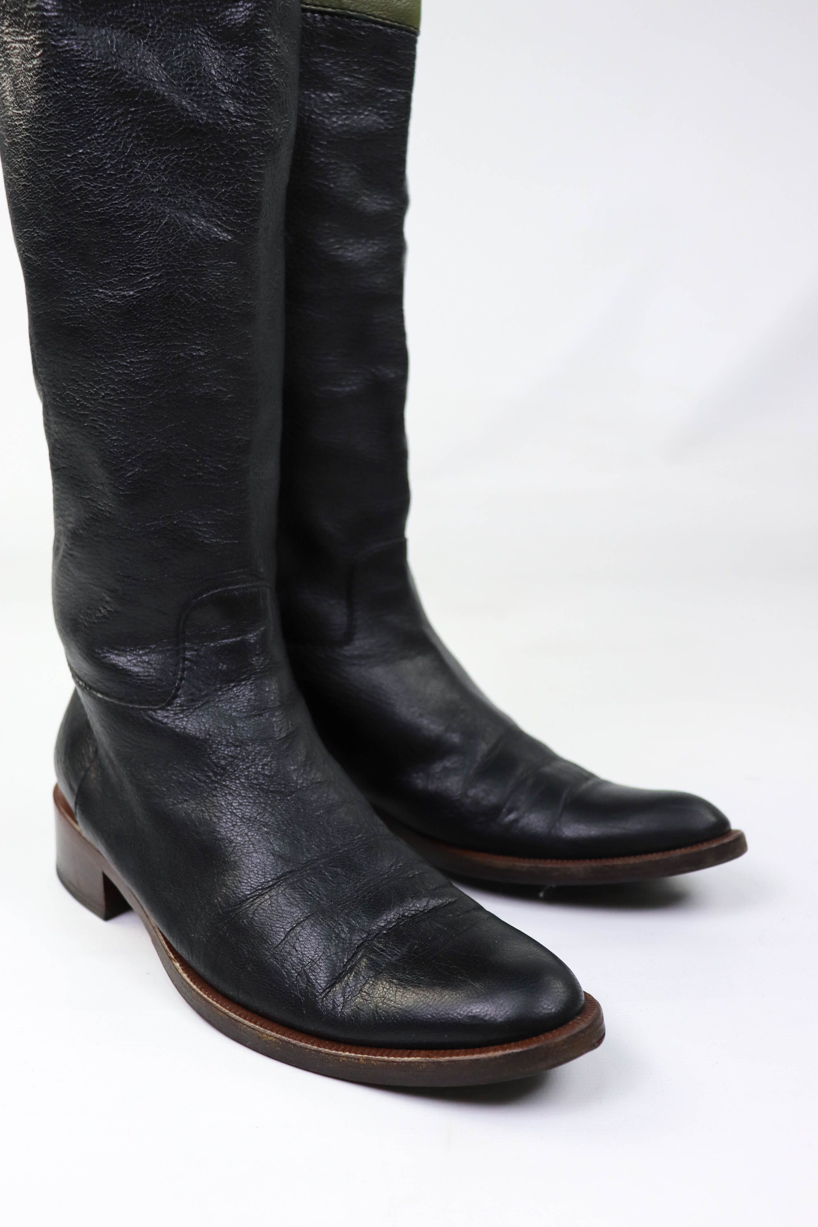 Etro Vintage ETRO Two Tone Green Leather Knee Length Riding Boots Size US 8.5 / IT 38.5 - 9 Thumbnail