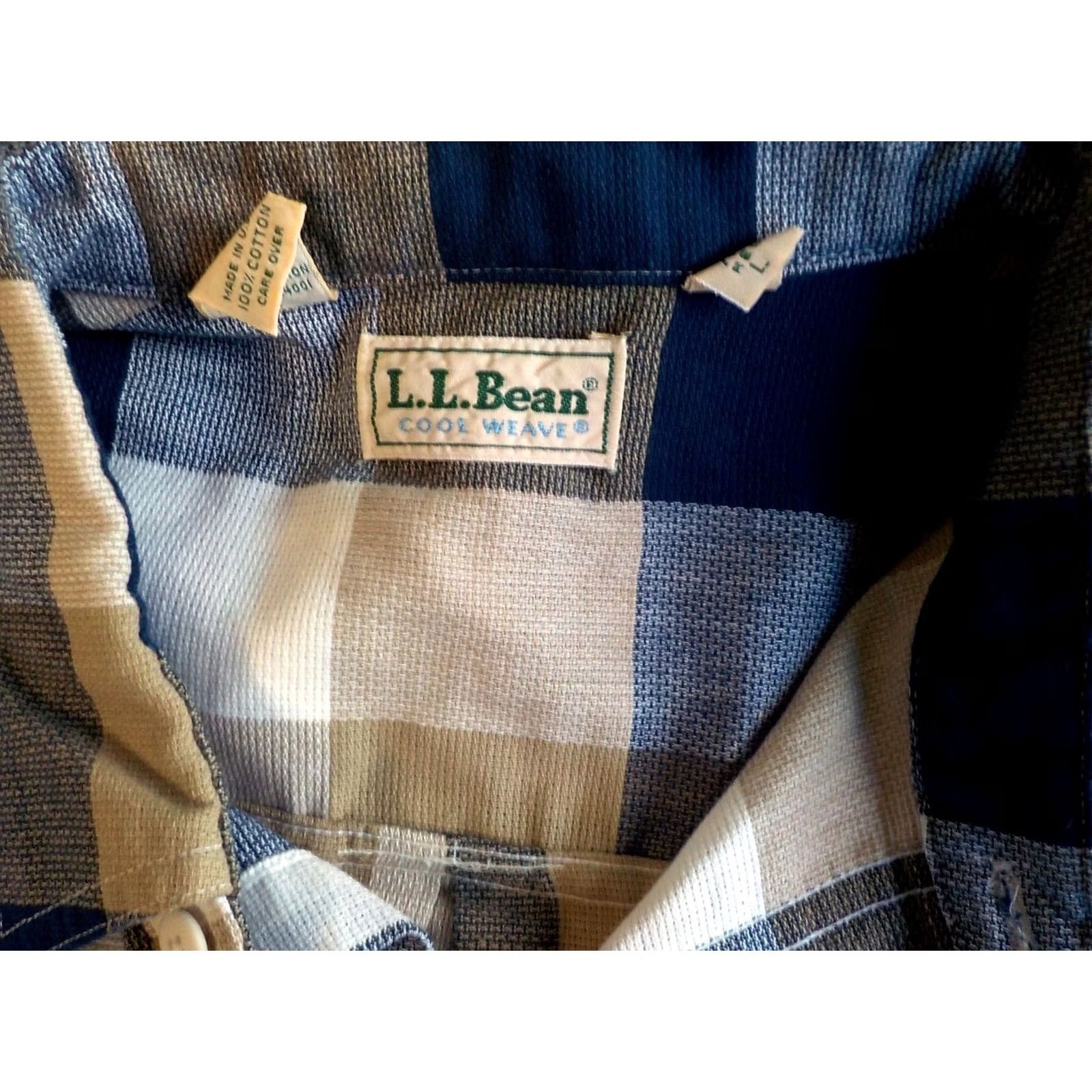 Vintage VINTAGE LL BEAN Cool Weave Short Sleeve Plaid Shirt Cotton Blue/Beige SZ L Shirt Men Long? Size US L / EU 52-54 / 3 - 4 Thumbnail