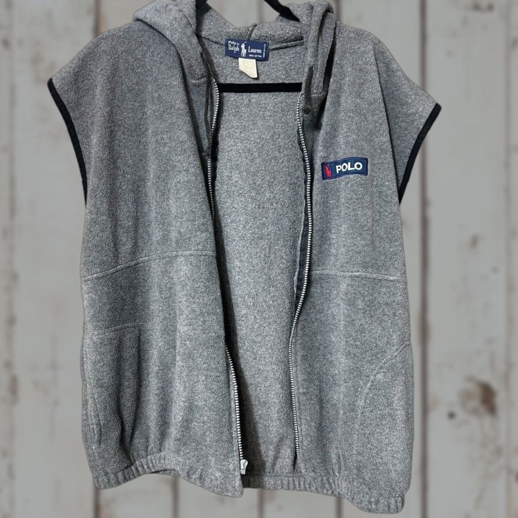 VINTAGE Polo Ralph Lauren Hoodie Vest Mens XL Gray Cotton Fleece Pockets Zipper 90s Classic USA