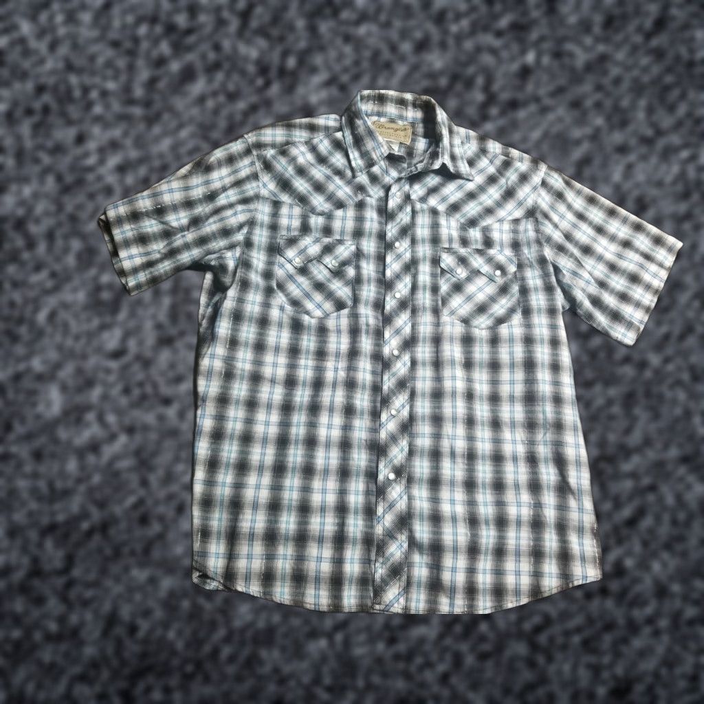 Wrangler VINTAGE Wrangler Shirt Western Plaid Blue L Snaps Cowboy Mens Regular Short Sleeve Collared Snap Pearl Track Size US L / EU 52-54 / 3 - 1 Thumbnail