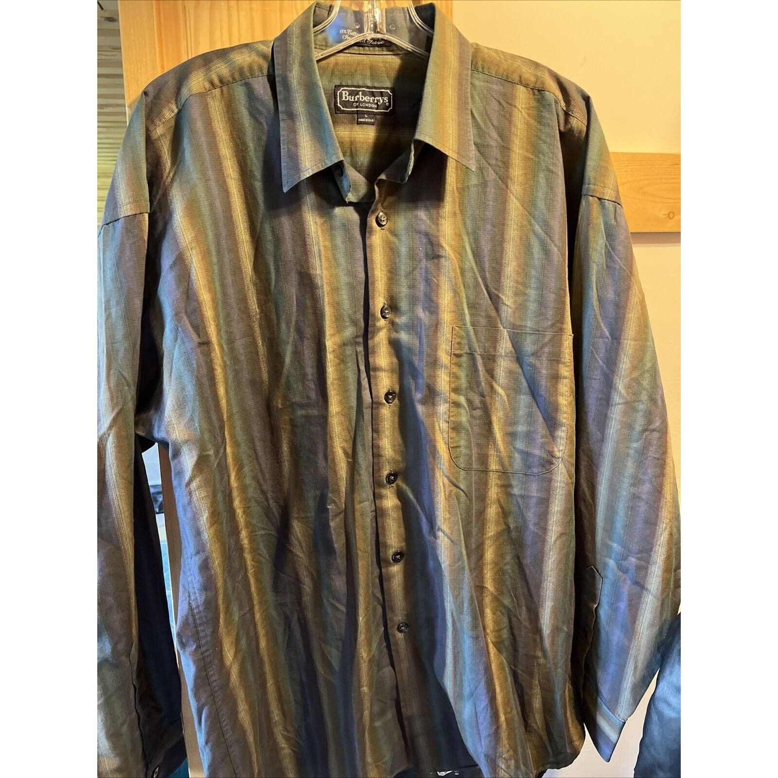 Burberry Burberrys Men's Large Button Shirt Green Purple Plaid Cotton Size US L / EU 52-54 / 3 - 8 Thumbnail