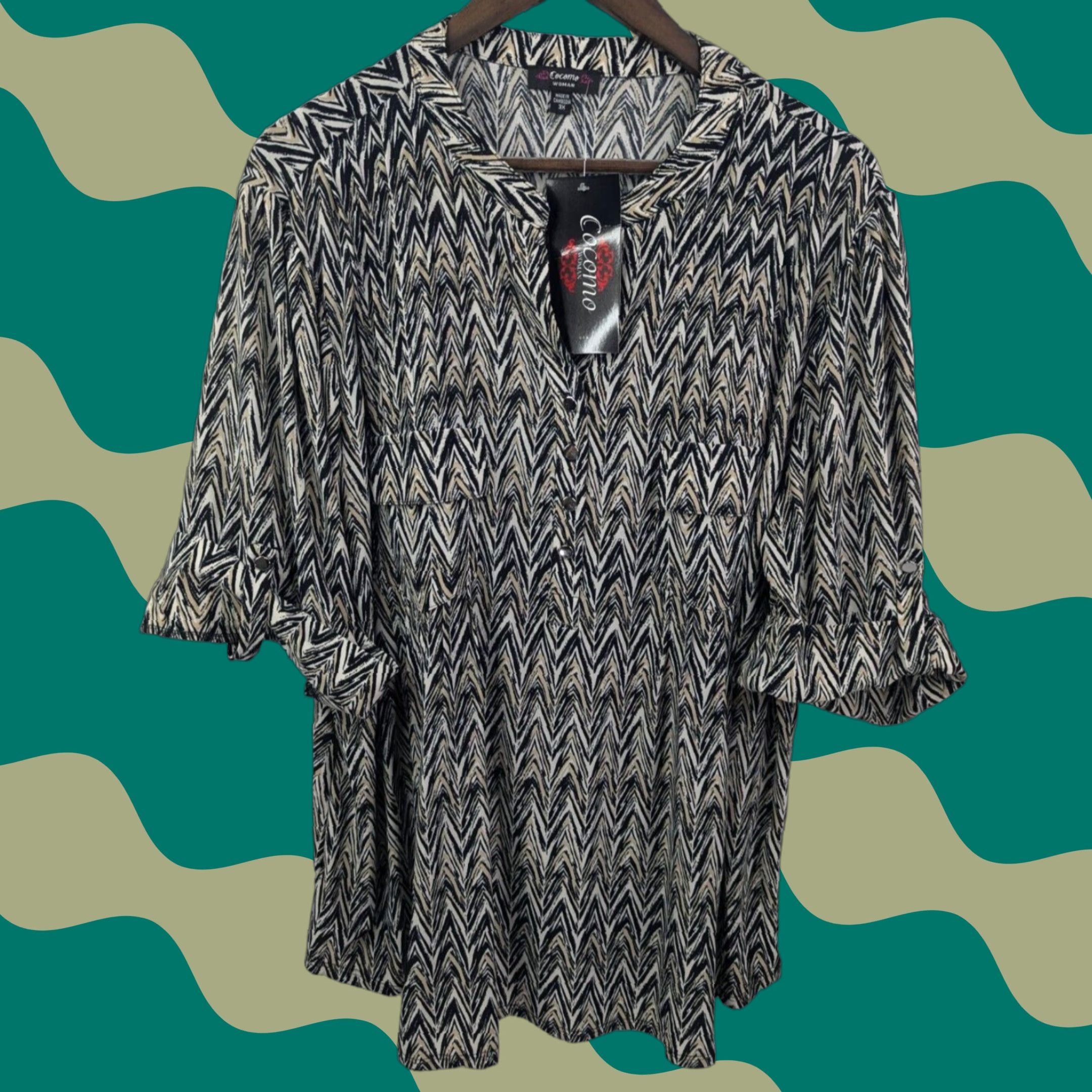 Vintage NWT Cocomo Plus Size 3X Chevron Roll Tab Sleeve Pintuck Button Top V-Neck Henley Shirt Size XXL / US 16-18 / IT 52-54 - 1 Thumbnail