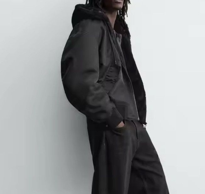Leather Black Hooded Leather Bomber Jacket, Casual Zip-Up Outerwear Size US XL / EU 56 / 4 - 7 Thumbnail