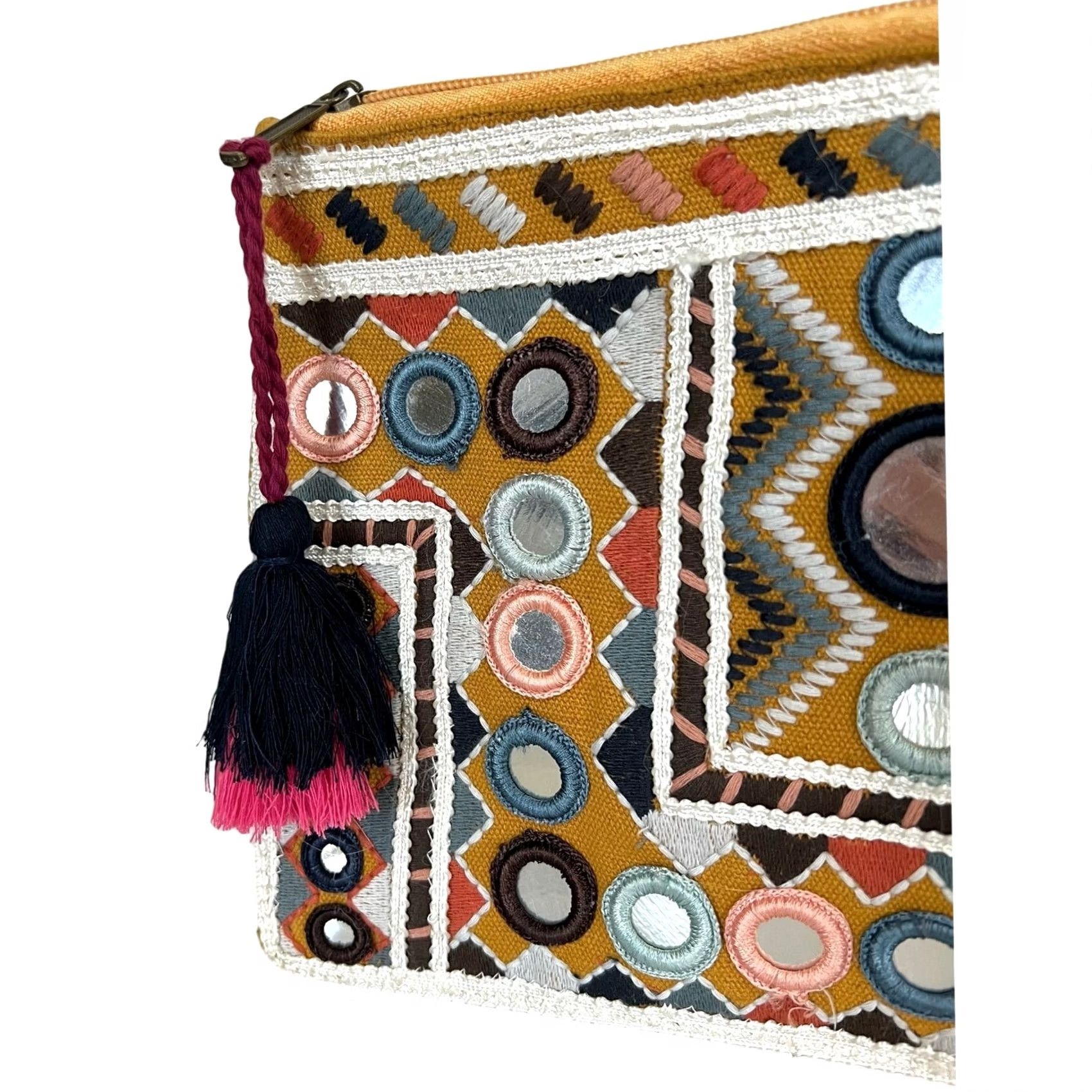 Vintage Lovestitch Zip Pouch Clutch Boho Mirrored Embroidered Tassel Mini Bag Size ONE SIZE - 4 Thumbnail