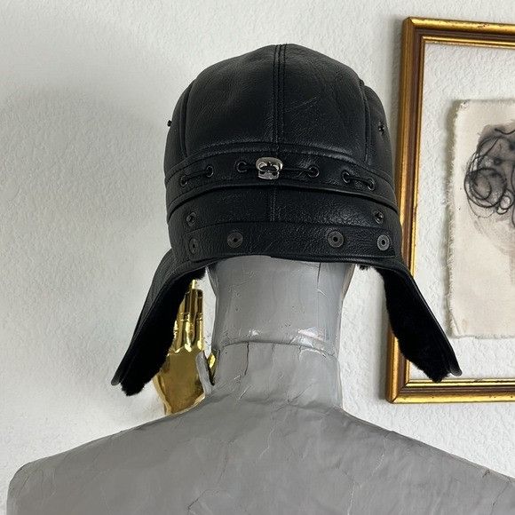 Vintage Leather Sheepskin Lined Trapped Pilot Earmuff Flap Hat Size ONE SIZE - 3 Thumbnail