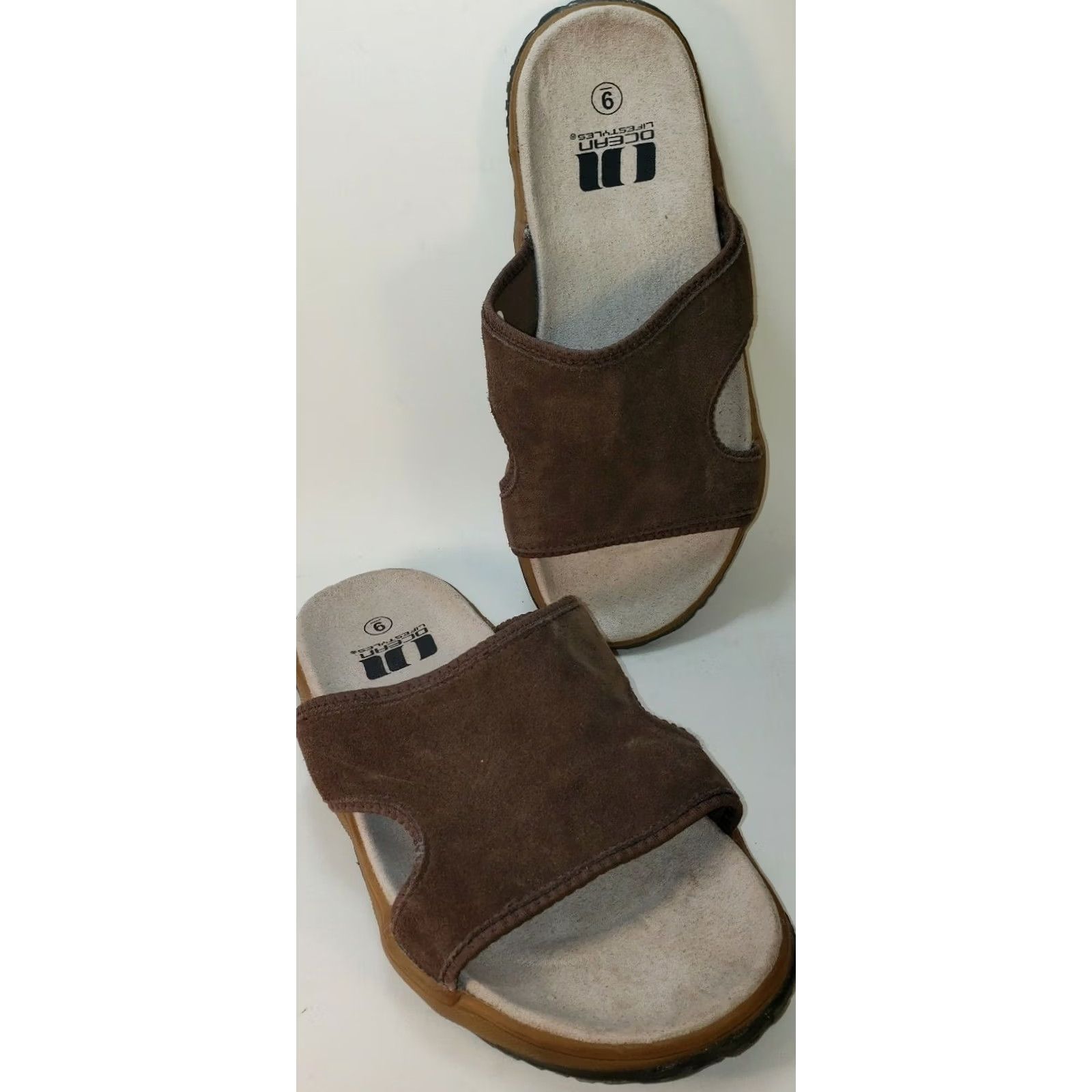 Vintage Ocean Lifestyles Slide Sandal Men 9M Brown Suede Upper Cushy Shaped Cushioned Arch Support Slip-On Casual Shoes Mens Brown Suede Slide 9M Size ONE SIZE - 2 Thumbnail