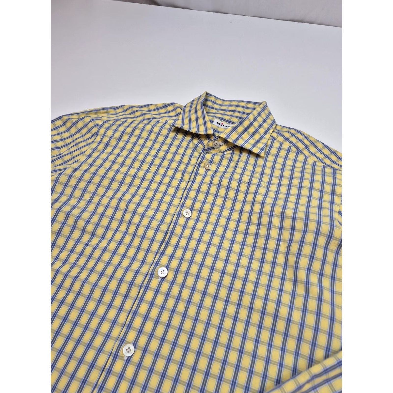 Kiton Kiton Dress Shirt Mens L Yellow Check Long Sleeve Classic 100% Cotton Made Italy Size 42R - 2 Thumbnail