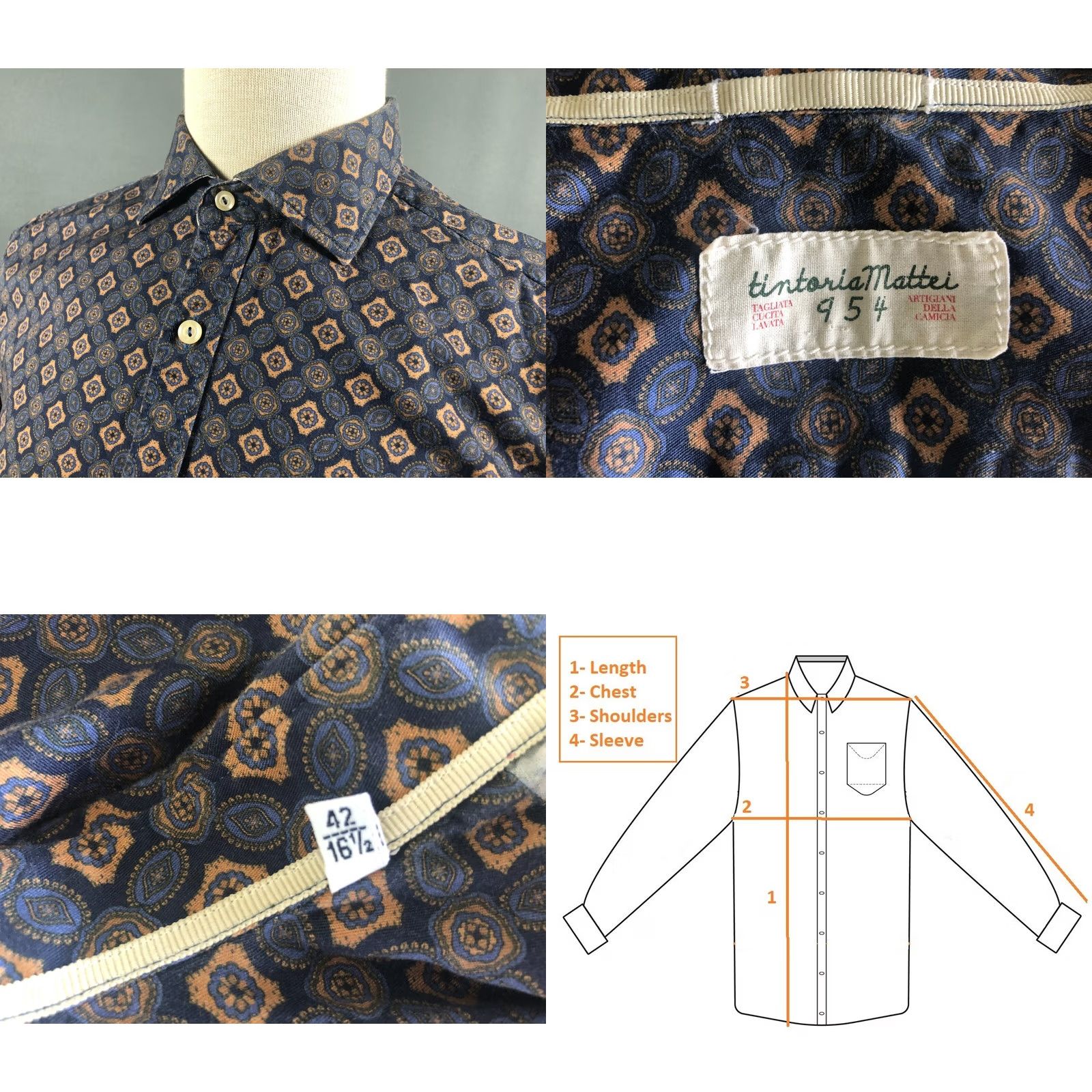 Vintage Tintoria Mattei 954 Shirt Mens 42 Blue Cotton Men Size Patterned Size US XL / EU 56 / 4 - 8 Thumbnail
