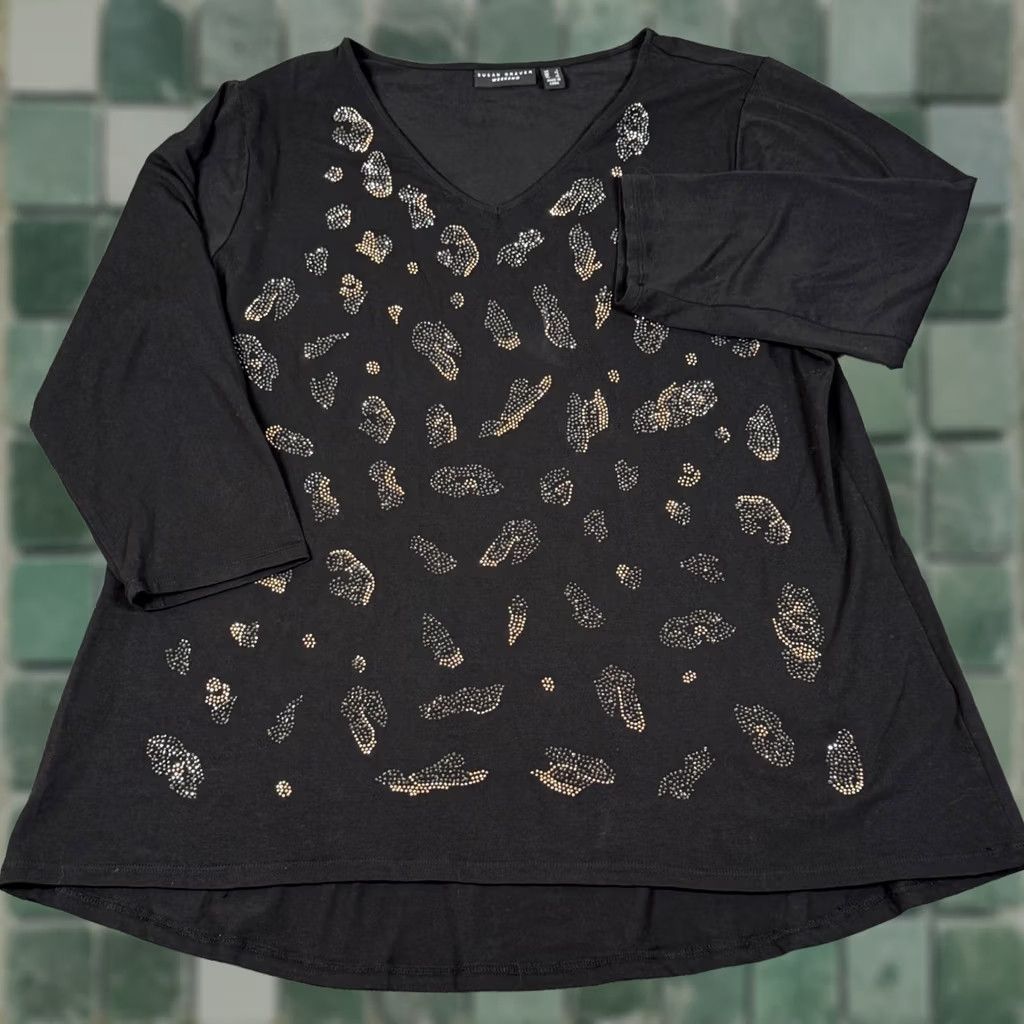 Vintage Susan Graver Weekend Tunic Top Black 3/4 Sleeve Rhinestone V-Neck Animal Print Relaxed XXL? Size L / US 10 / IT 46 - 1 Thumbnail