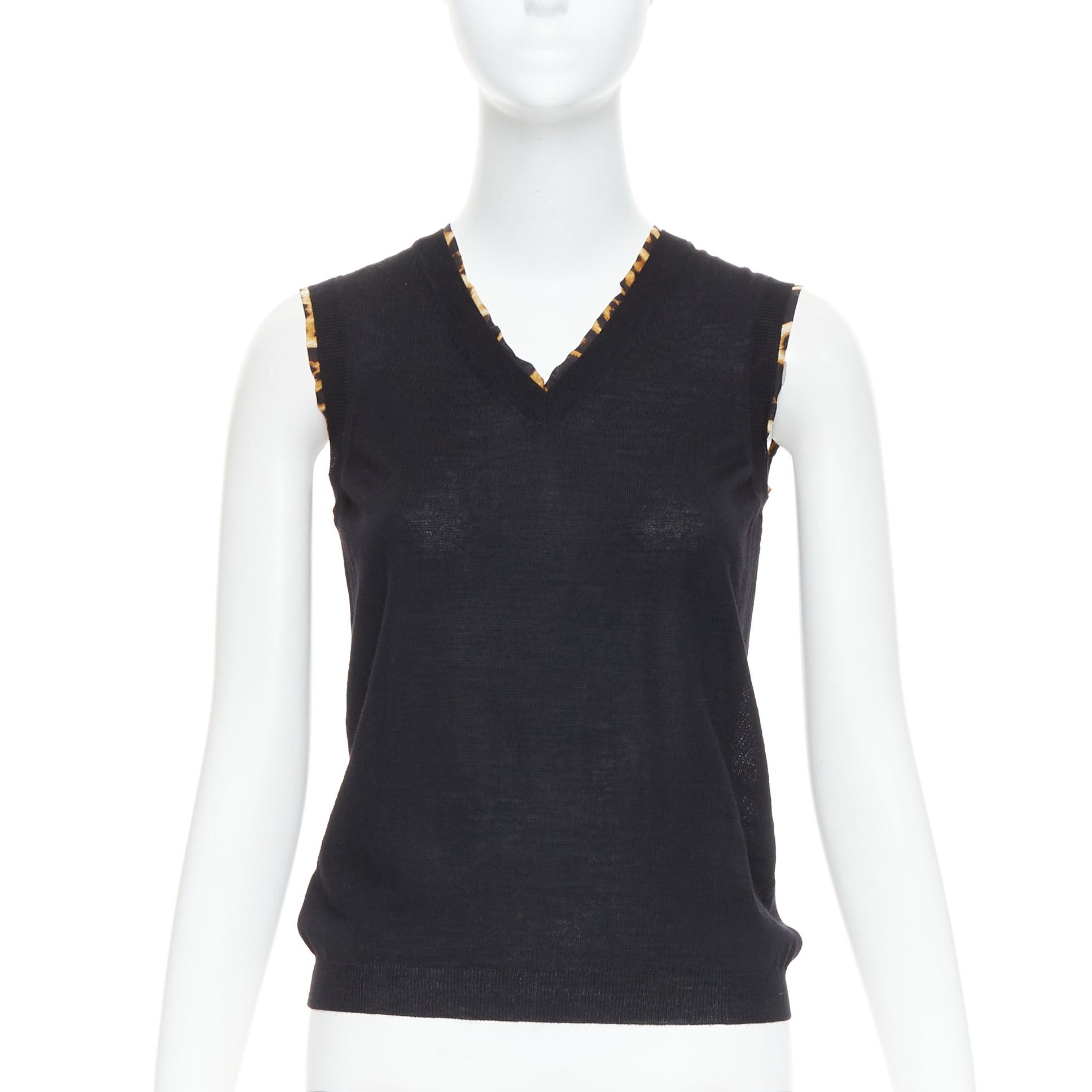 Saint Laurent Paris YVES SAINT LAURENT black virgin wool leopard silk trim sweater vest S Size S / US 4 / IT 40 - 1 Thumbnail