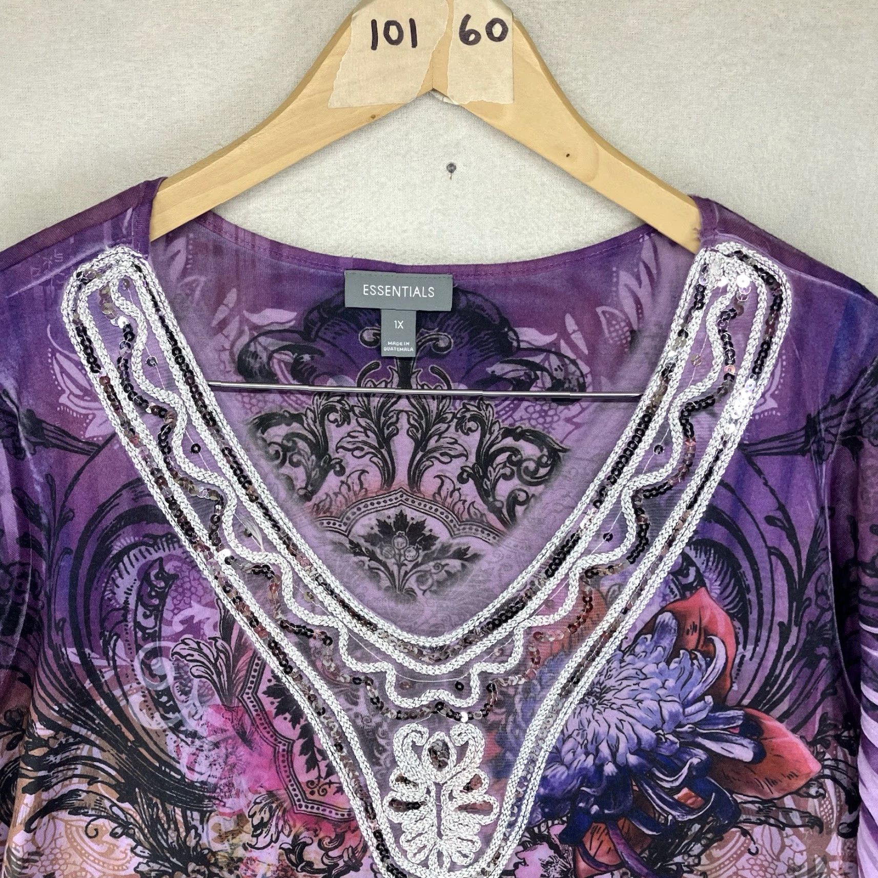 Essentials Women's 1X Blouse Tunic 3/4 Sleeve V-Neck Purple Geometric Sequin Bling Lightweight Stretch Polyester Essentials Shirt Womens Size XL / US 12-14 / IT 48-50 - 4 Thumbnail