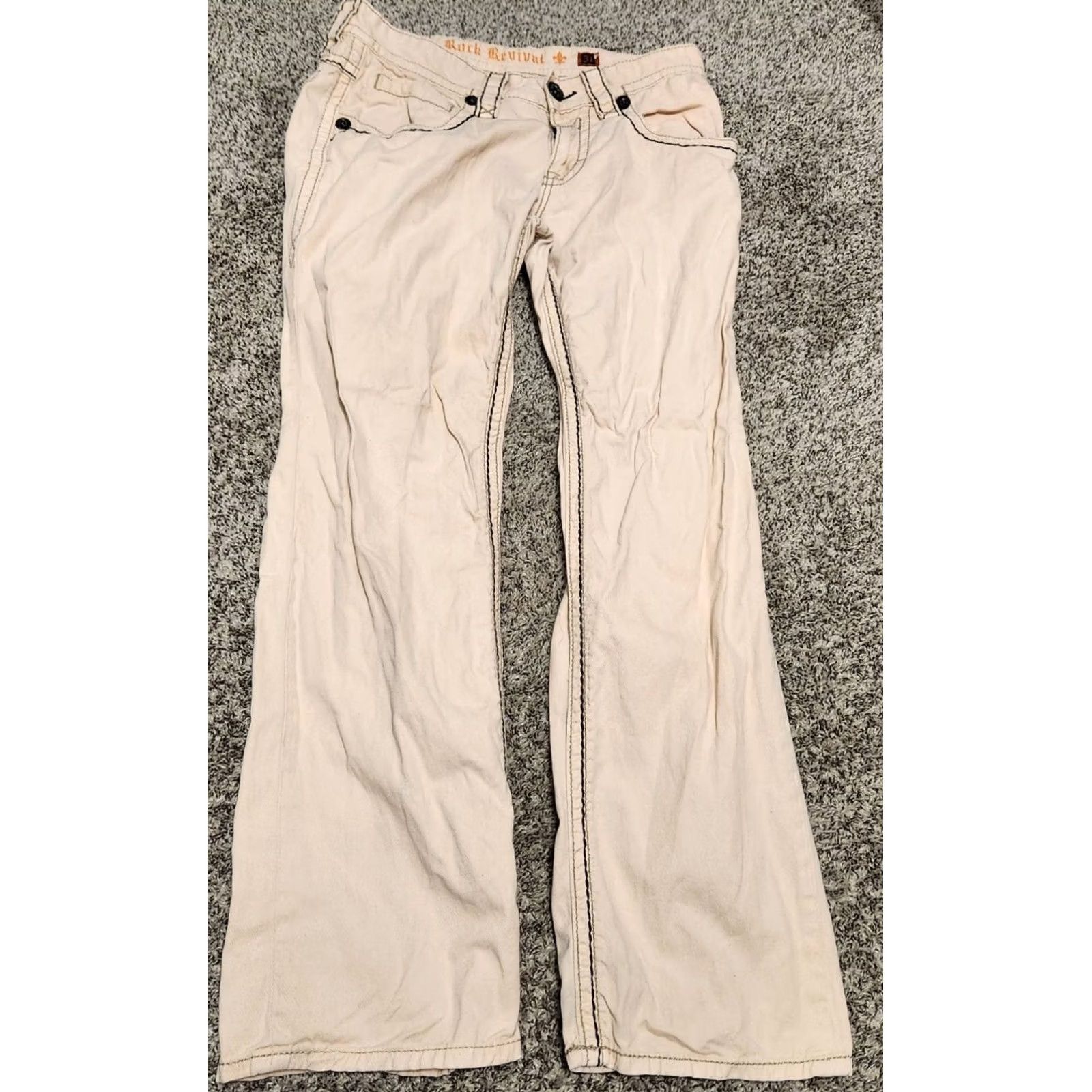Vintage Rock Revival Jeans Khaki Straight SZ 31 30 Button Pkts Embroidered Mens Size US 31 - 2 Thumbnail