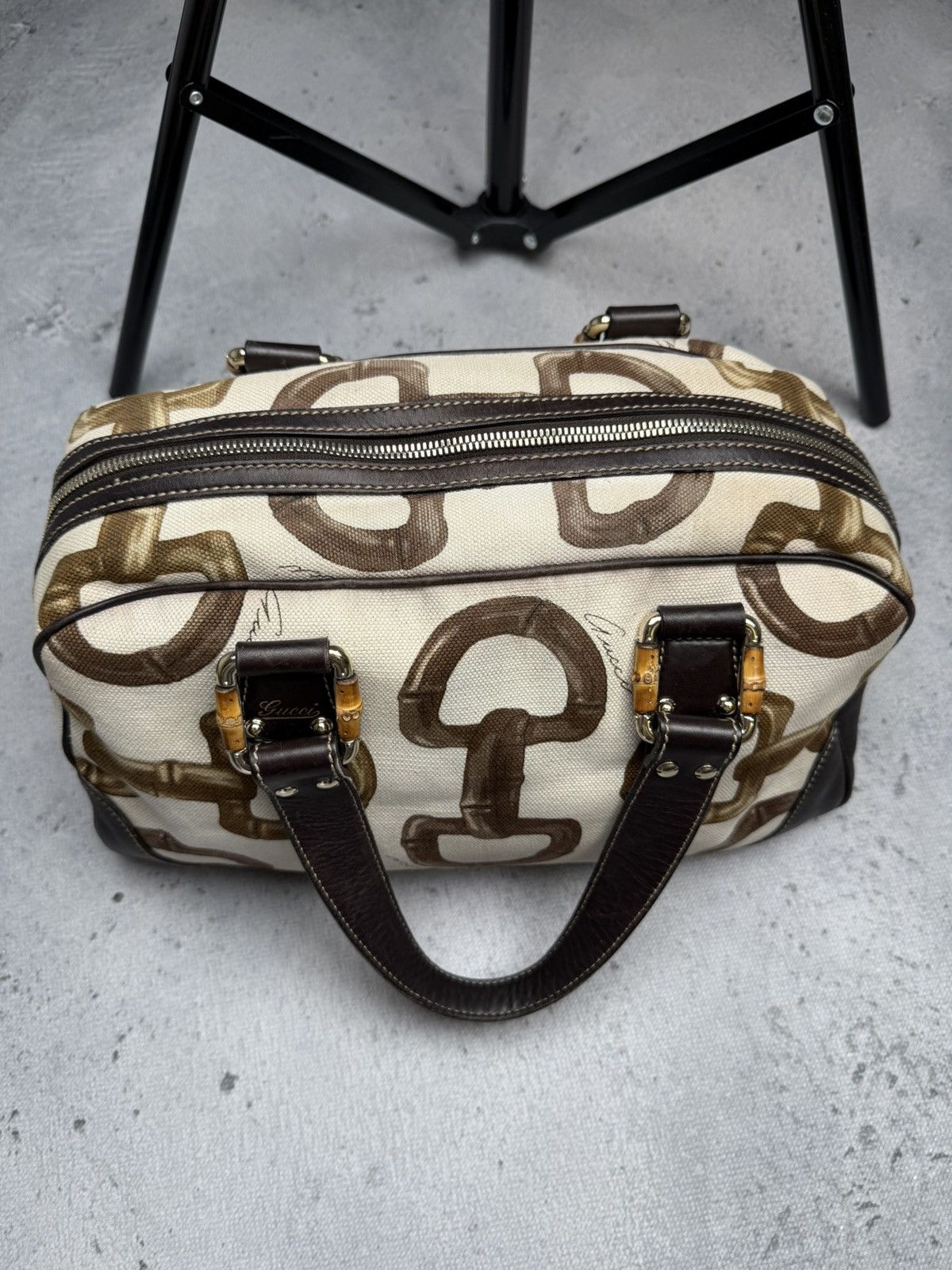 Gucci Vintage Gucci Bamboo Canvas Boston Bag Brown Leather Trim Size ONE SIZE - 3 Thumbnail
