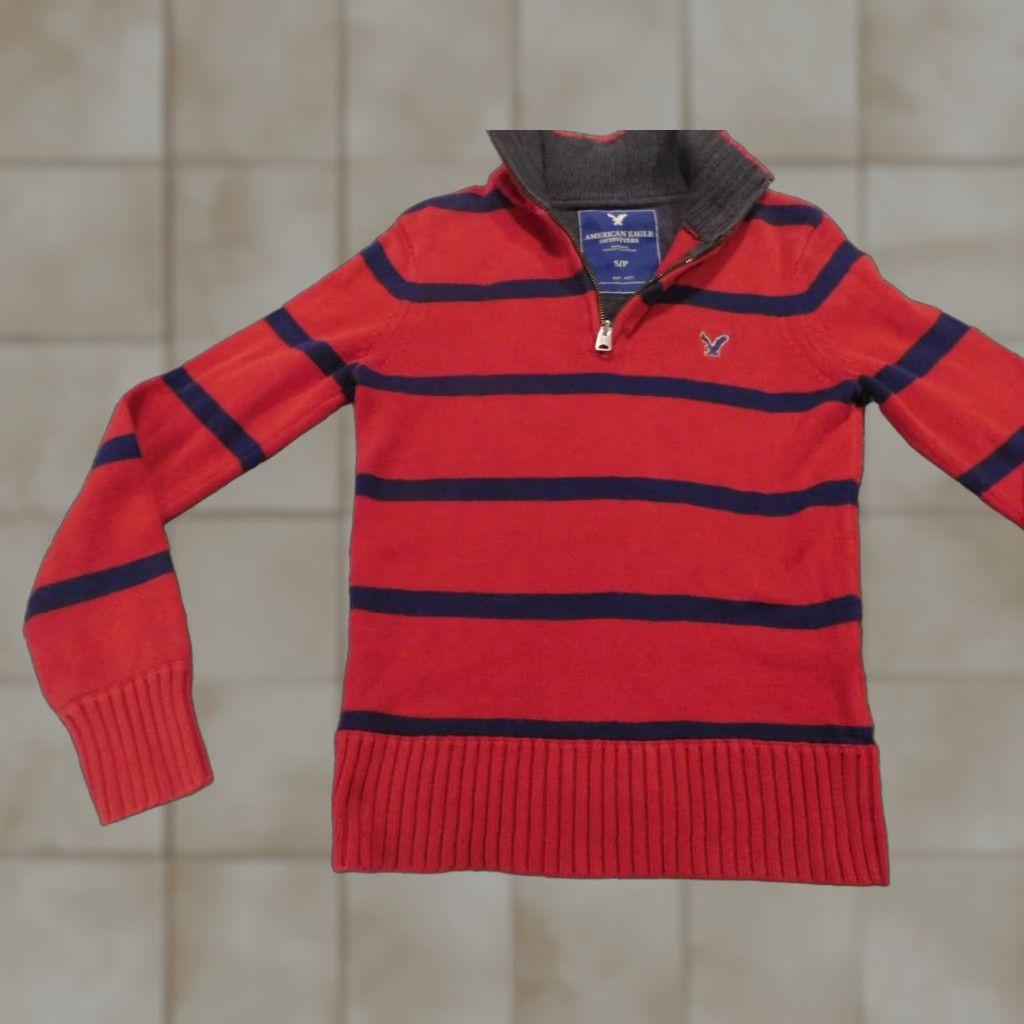 American Eagle Outfitters American Eagle Outfitters Sweater Mens Small Red Zip Mock Neck Cable Knit Pullover Striped Full Zip Pattern Knit Size US S / EU 44-46 / 1 - 1 Thumbnail