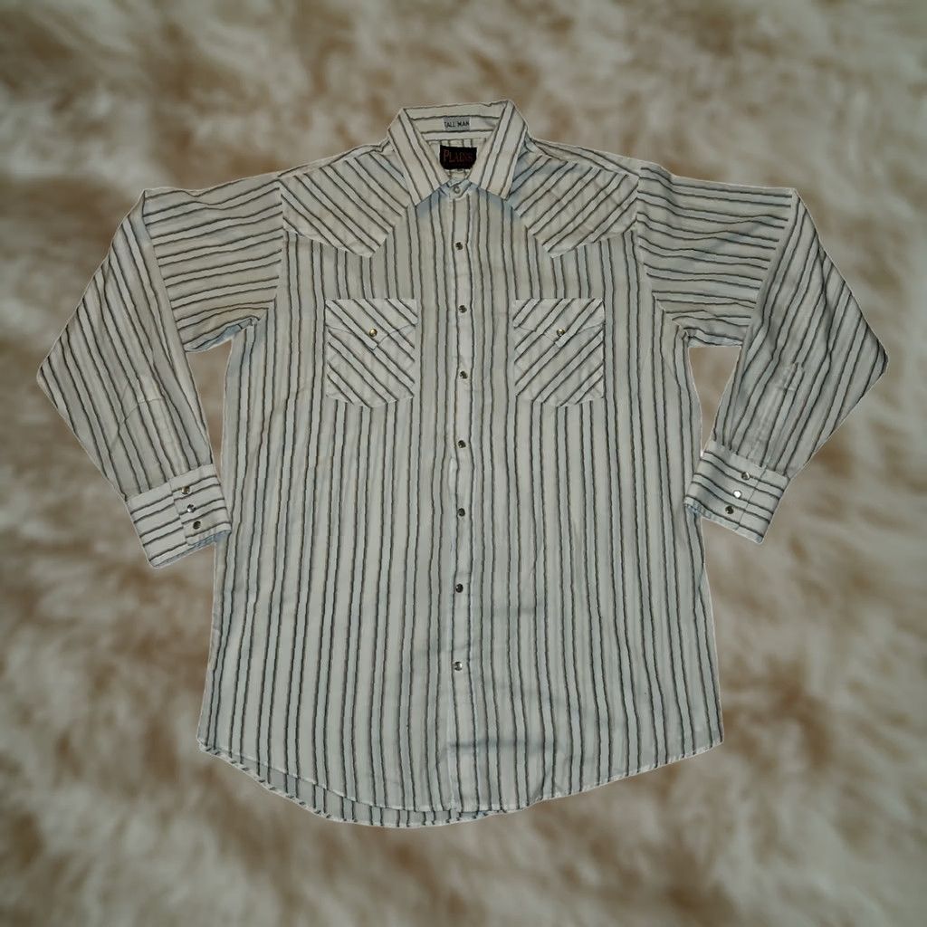 Vintage VINTAGE Plains Shirt Western Cowboy Long Sleeve LT White Striped 46 Chest L Tall Men Regular Snap Button-Up Pockets Size US L / EU 52-54 / 3 - 1 Thumbnail