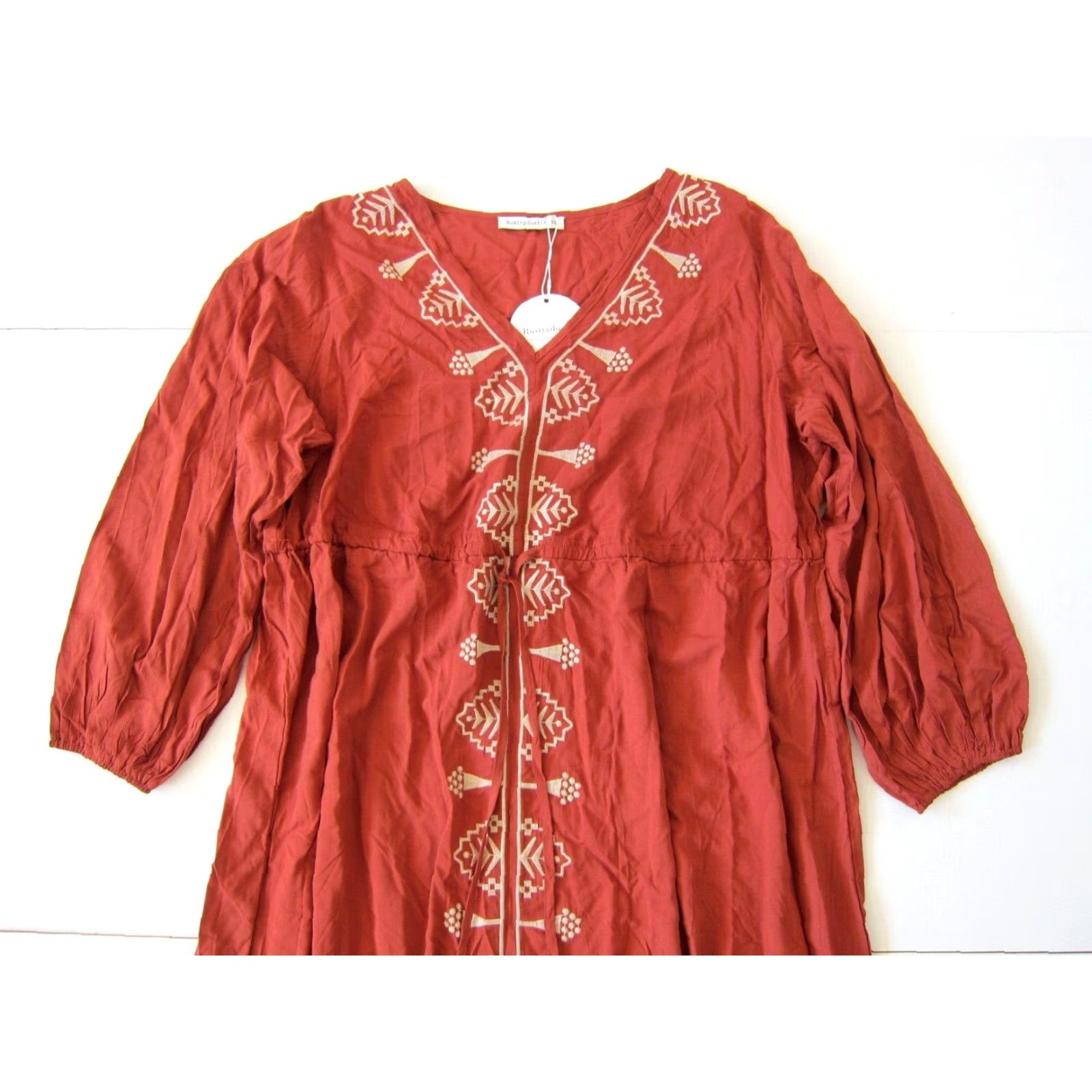 Vintage NWT Rusttydustty 100% Rayon Orange Ivory Embroidered Long Sleeve Maxi Dress 3XL Size XXL / US 16-18 / IT 52-54 - 3 Thumbnail