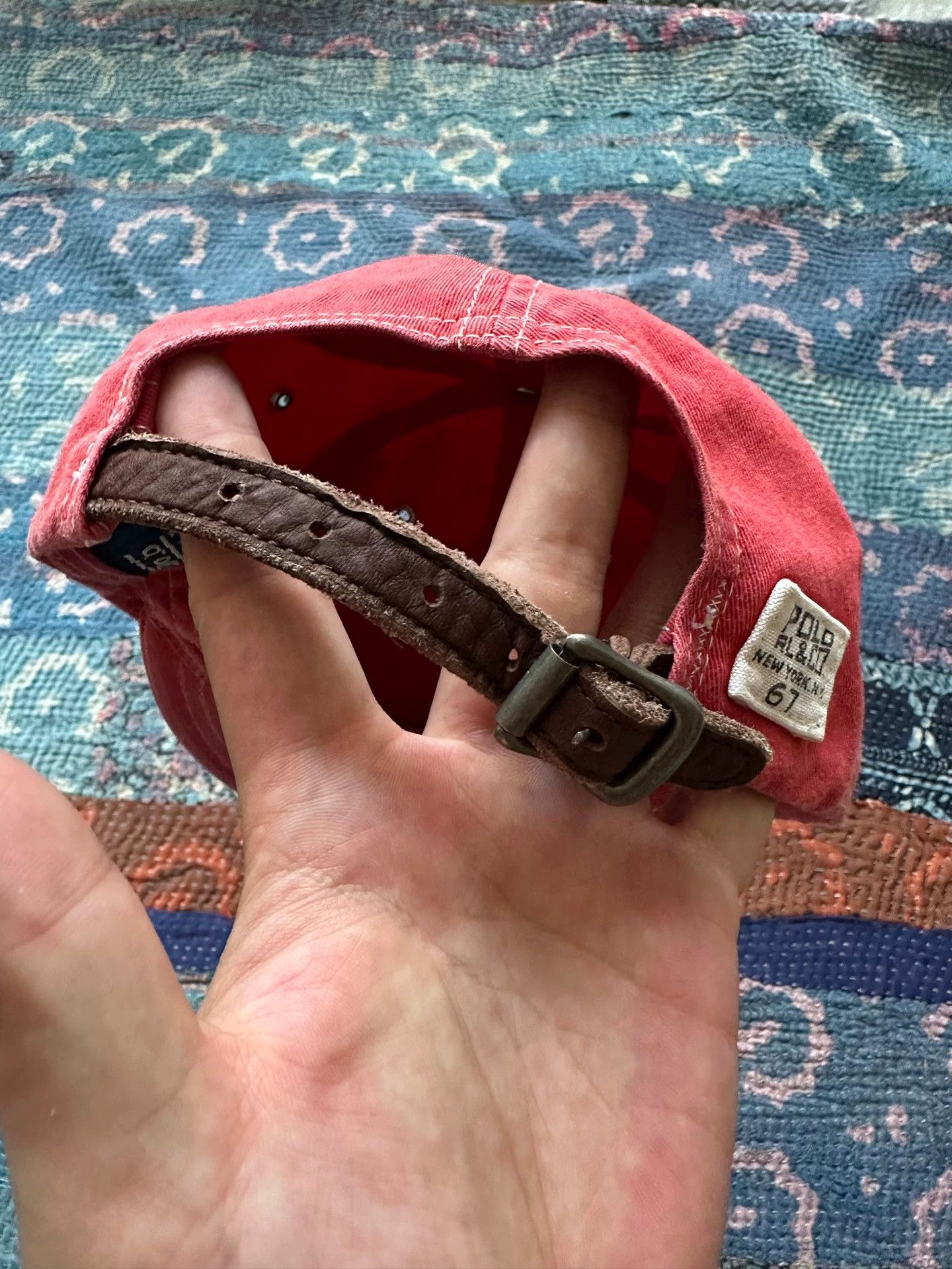 Polo Ralph Lauren RL Washed Distressed Light Pink Leather Cord Cap 90s Taiwan Size ONE SIZE - 3 Thumbnail