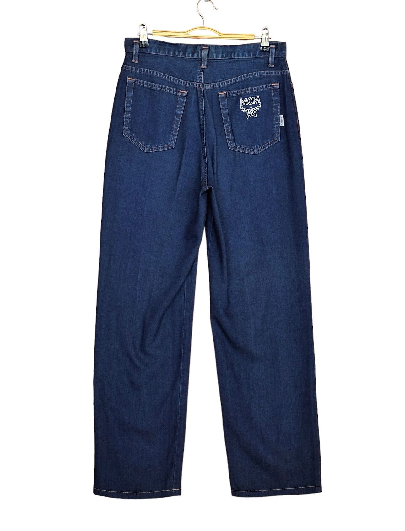 image of Vintage MCM Legere Embroidered Logo Pocket Baggy Pants in Blue Denim, Men's (Size 30)