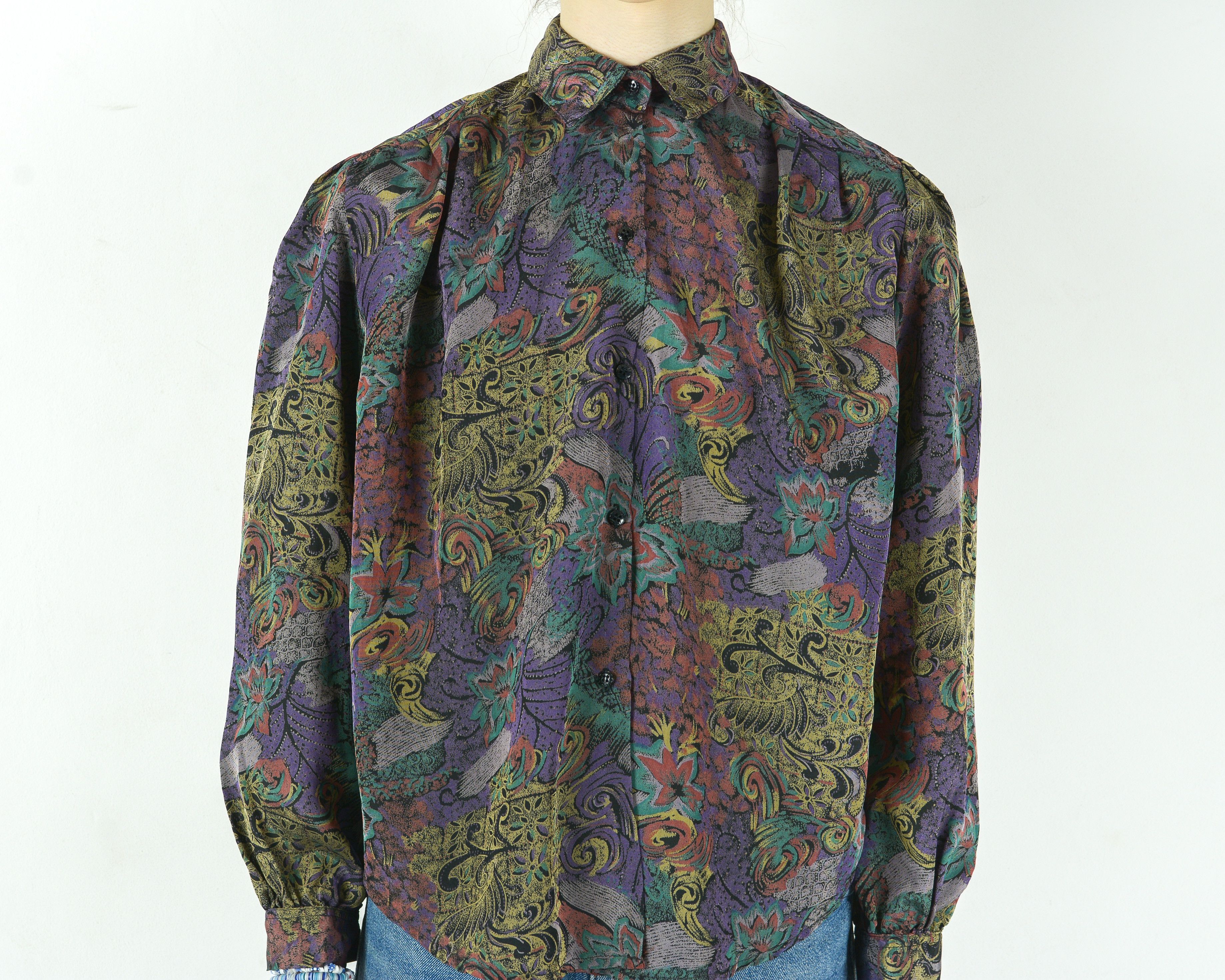 Other × Vintage HA-Gi TEKS Button Up Shirt Shoulder Padded Blouse Patterned Size XS / US 0-2 / IT 36-38 - 4 Thumbnail