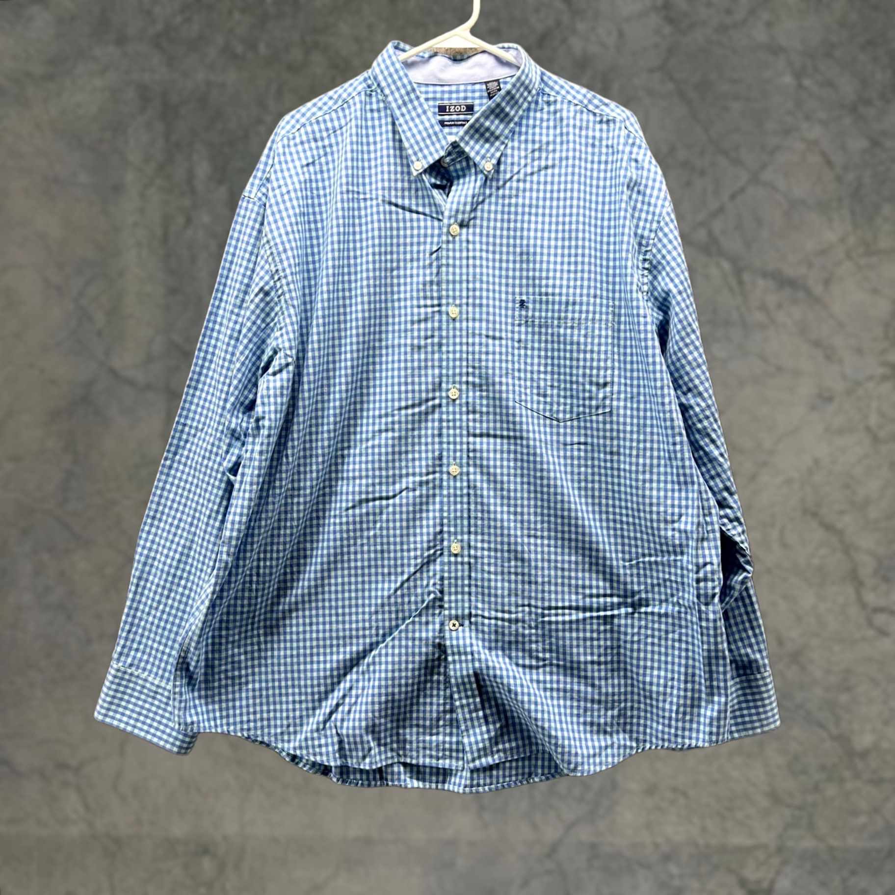Izod VINTAGE IZOD Shirt Men XXL Blue Button-Down Dress Gingham Premium Essentials Check Shirt Size 48R - 1 Thumbnail