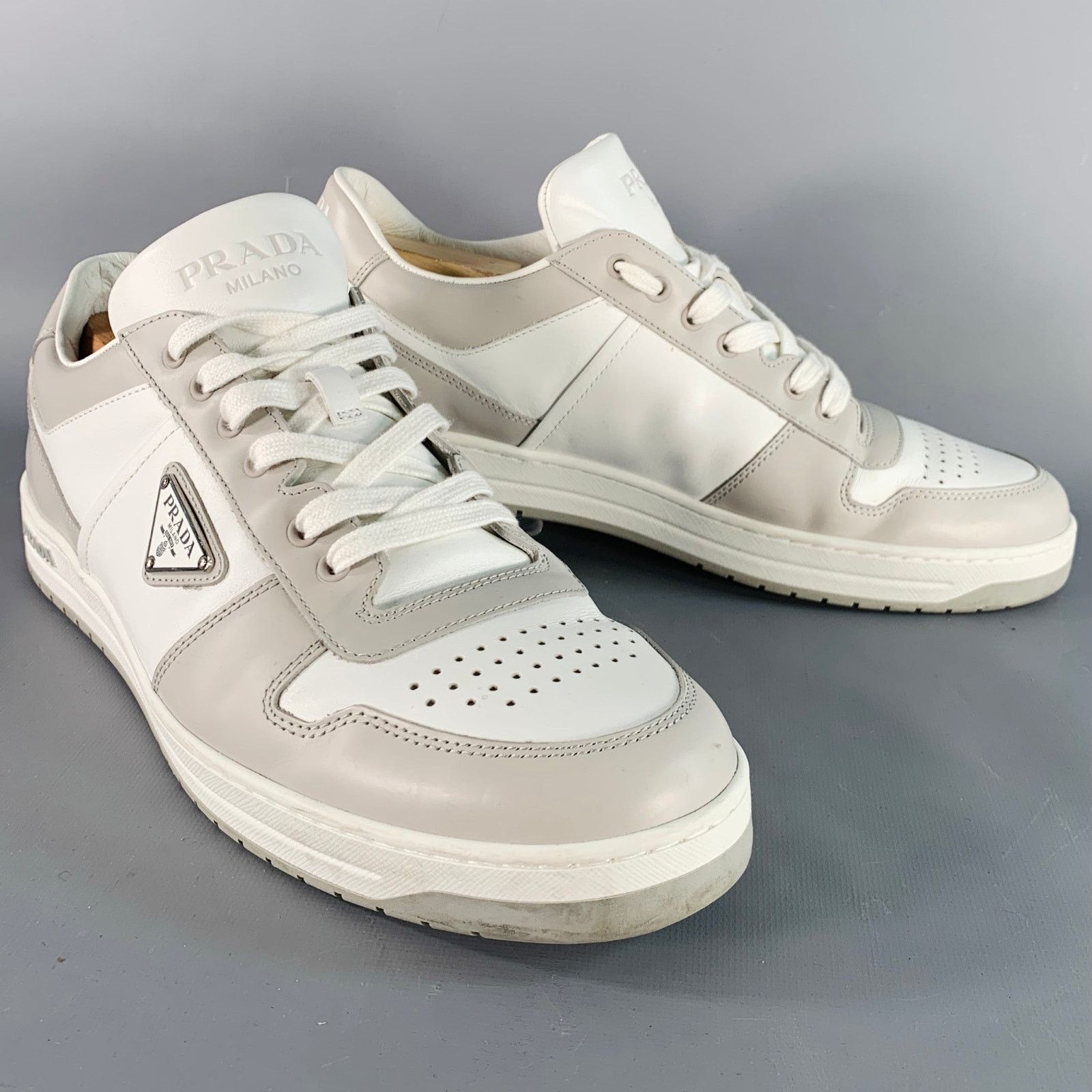 White Grey Color Block Perforated Leather Low Top Sneakers
