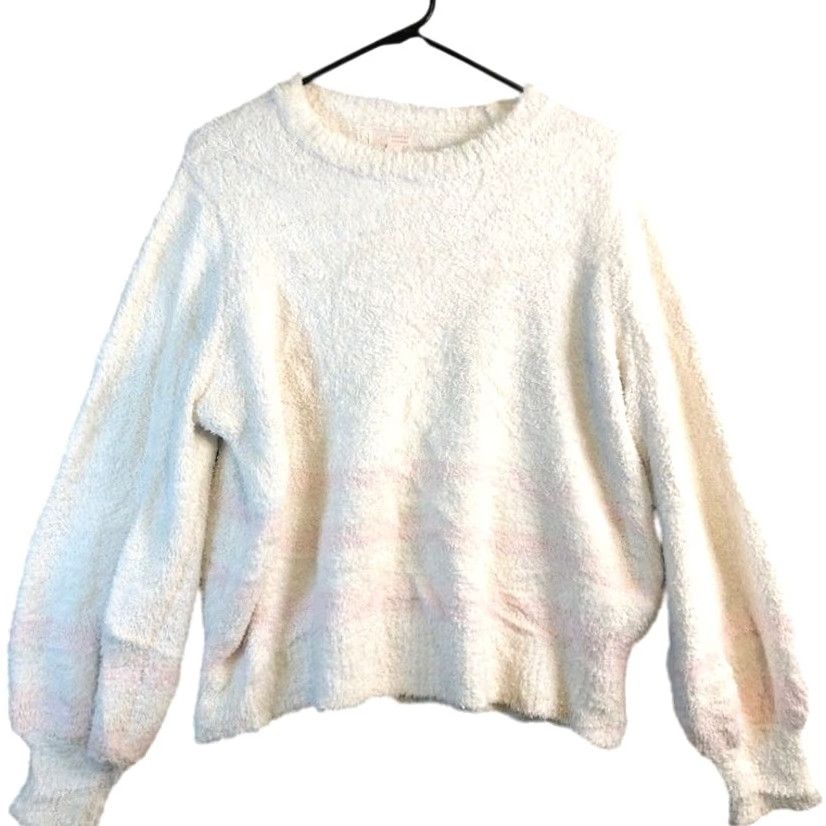 Vintage LC Lauren Conrad Womens Sweater White Pink Stripe Puff Sleeve Large Knit Style Pullover Casual Winter Fall Size L / US 10 / IT 46 - 2 Thumbnail