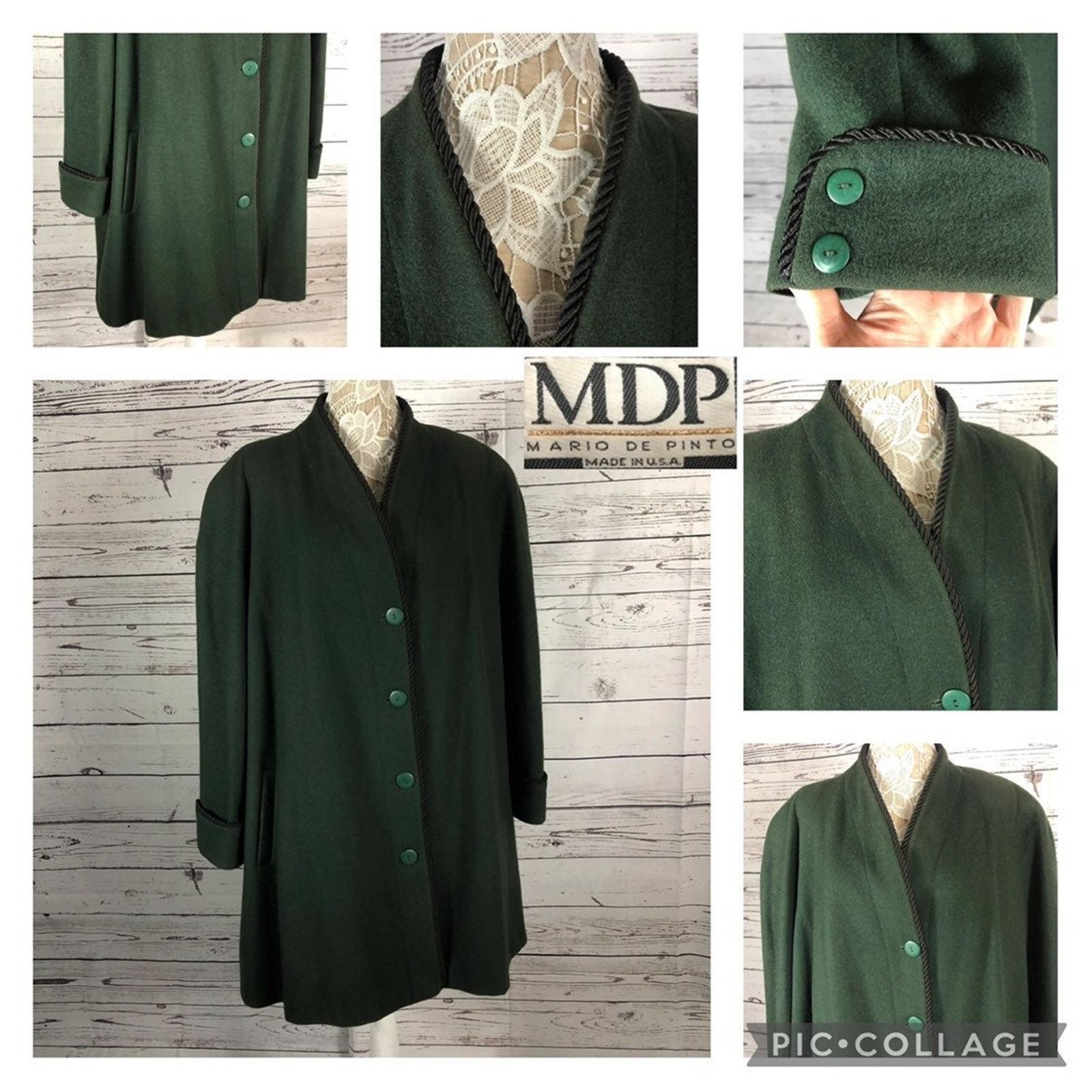 Vintage VINTAGE MDP Mario De Pinto green wool V neck coat black trim Size XXL / US 16-18 / IT 52-54 - 2 Thumbnail