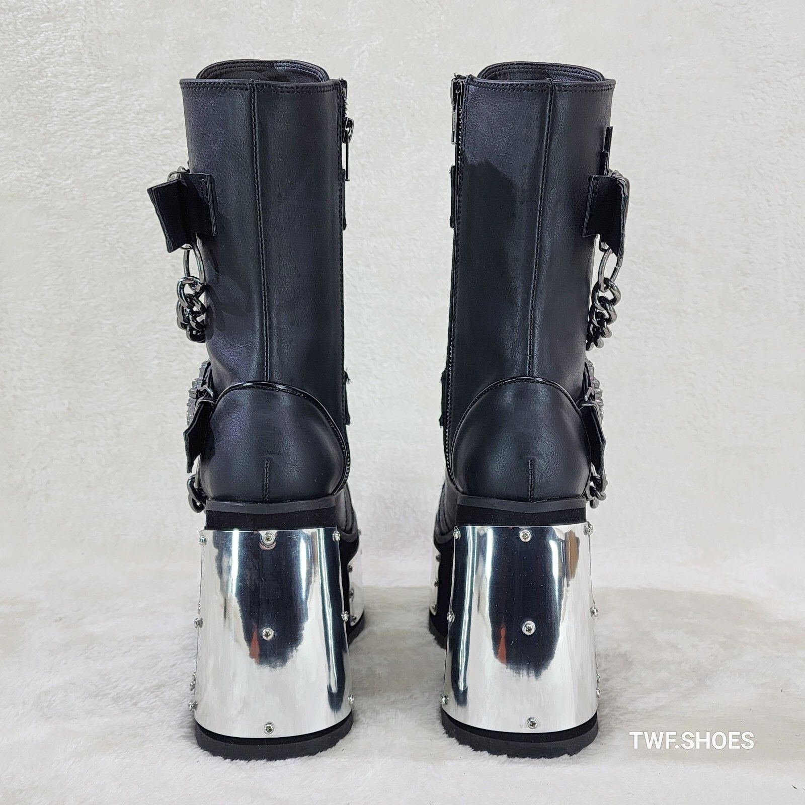 Demonia Cult DEMONIA Camel 120 Goth Punk Mid Calf Platform Boots Skeleton Size US 9 / IT 39 - 4 Thumbnail