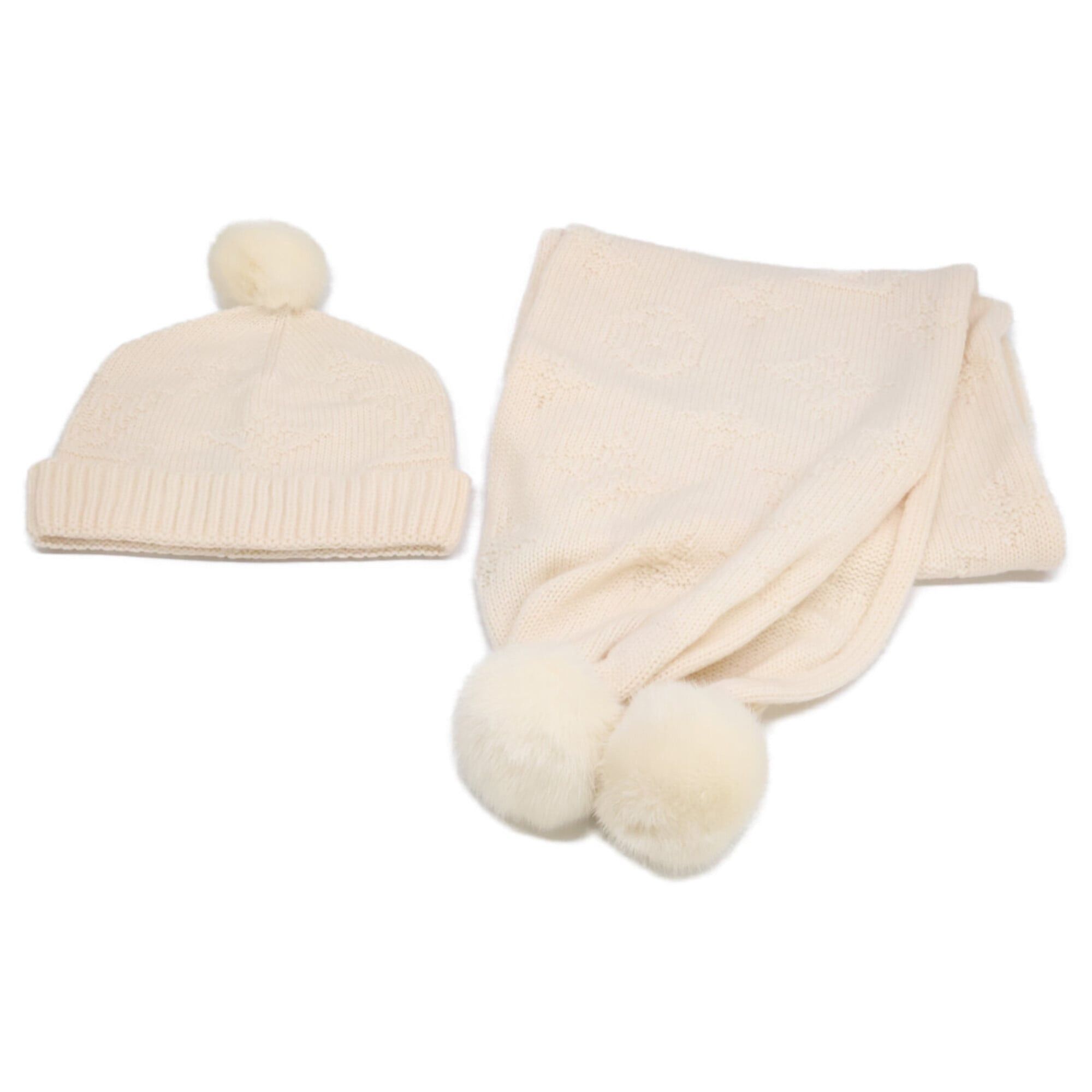 Louis Vuitton LOUIS VUITTON 401910 Monogram Cashmere Mink Fur Scarf & Knit Hat - Ivory for Women Size ONE SIZE - 1 Thumbnail