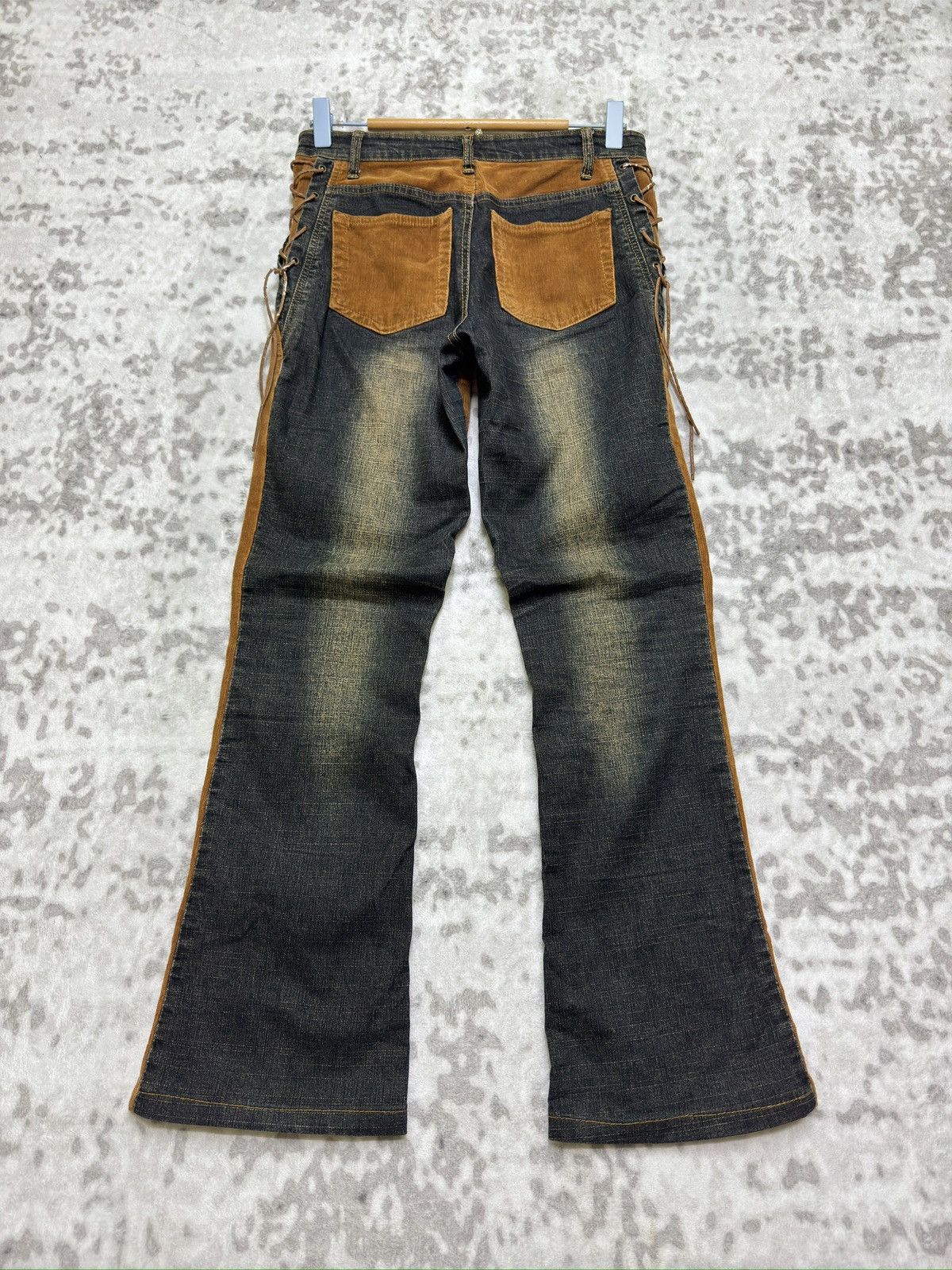 Japanese Brand Y2K Unisex Lace Up Bootcut Denim Corduroy Hybrid Jeans Size US 27 - 1 Thumbnail
