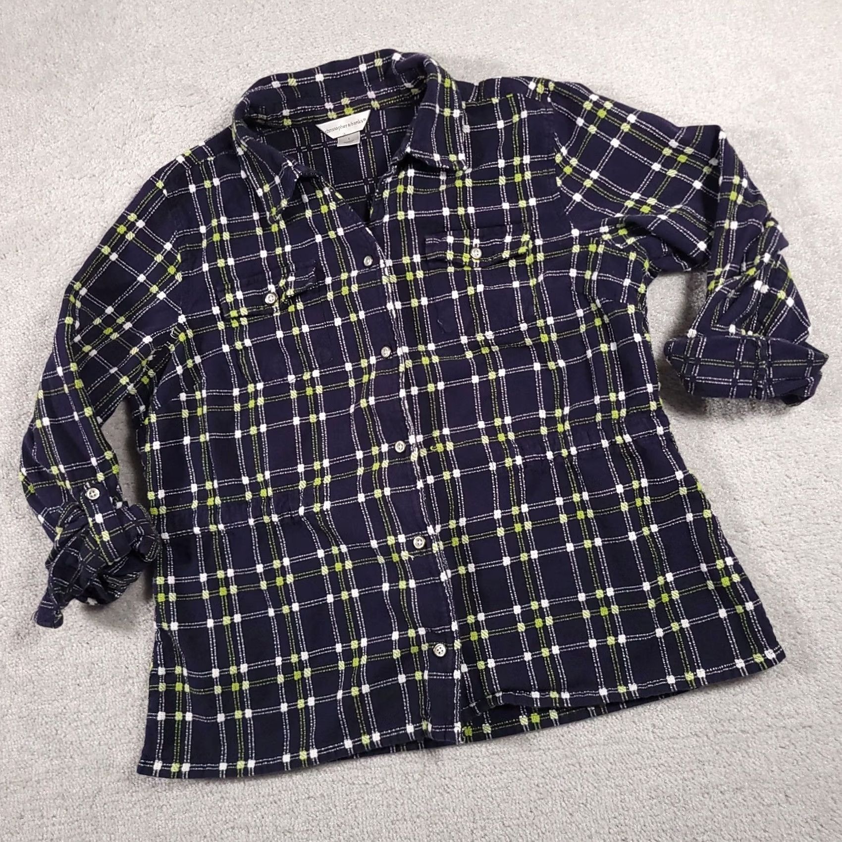 Vintage Christopher & Banks Shirt Women's Large Button Up Roll Tab Sleeve Textured Cinch Women's Size L / US 10 / IT 46 - 2 Thumbnail