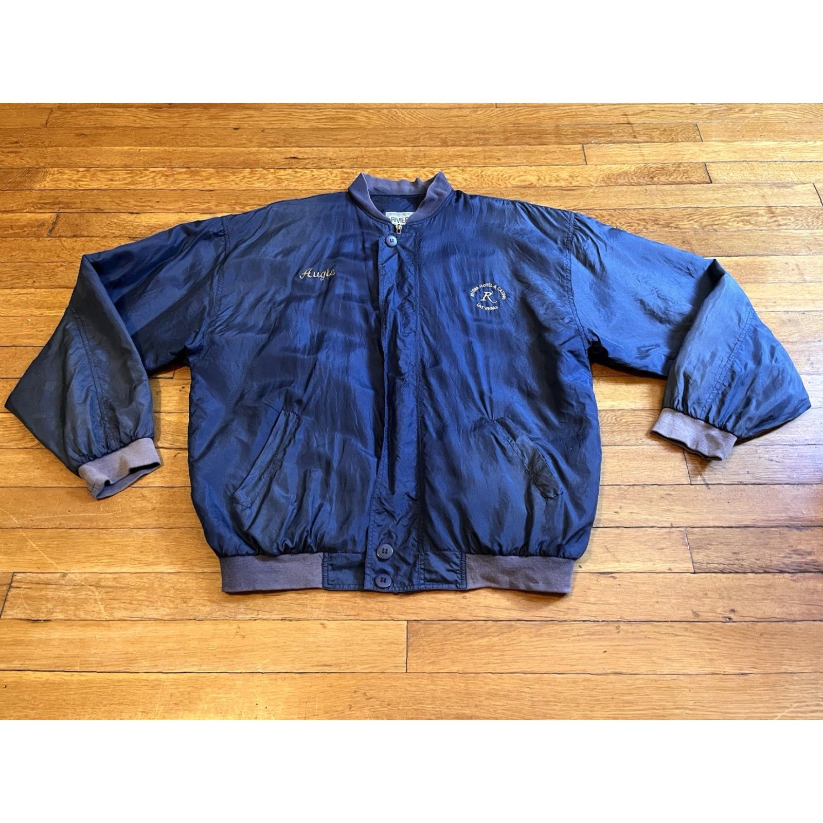 Rivieras VINTAGE Riviera Hotel & Casino Silk Jacket Men’s Large Blue Bomber Jacket Short Chest 48 in Embroidered AUGIE Mens 80s City Retro Money Size US L / EU 52-54 / 3 - 2 Thumbnail