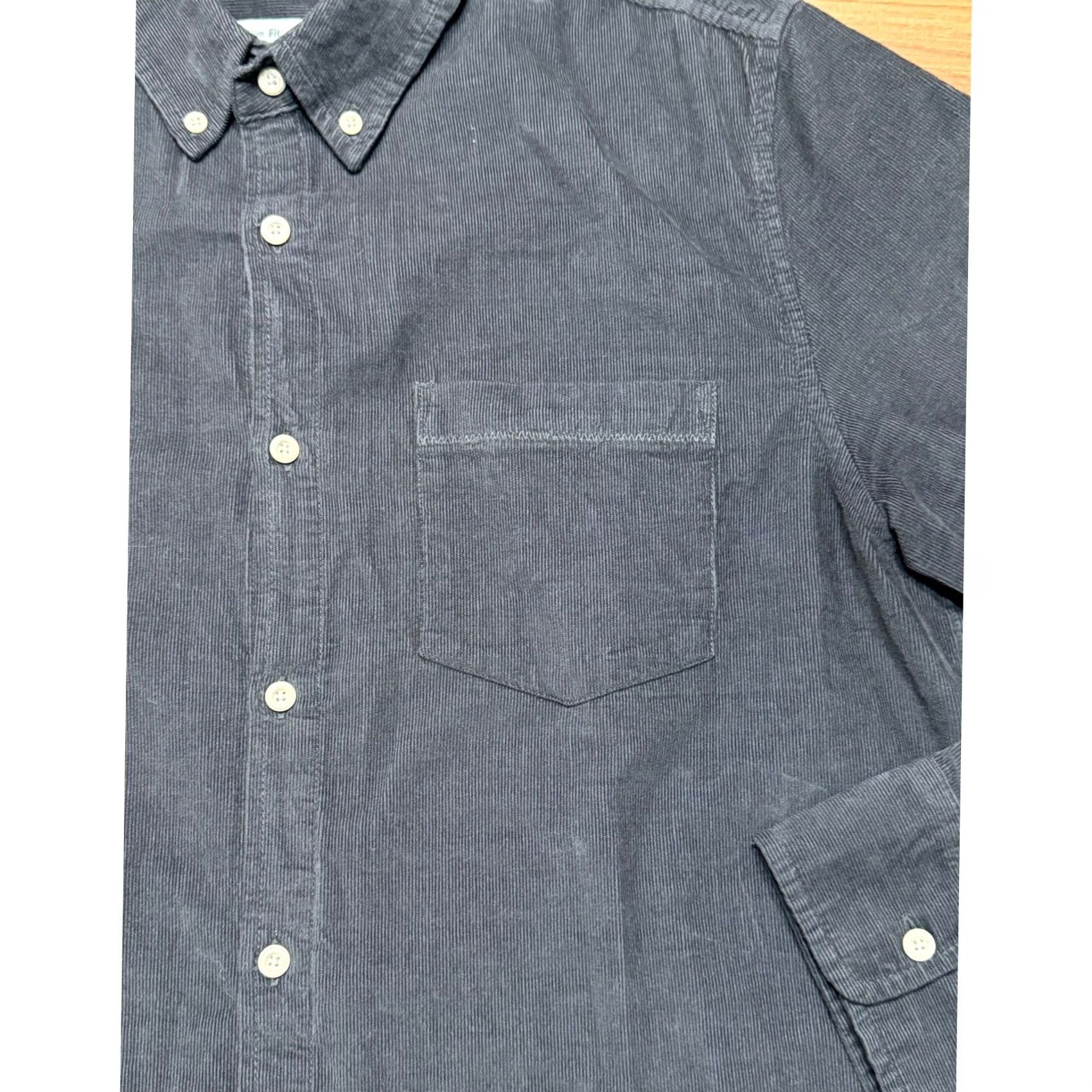 Vintage Wellen Slim Fit Corduroy Button Down Shirt L Charcoal Grey Organic Cotton Size US L / EU 52-54 / 3 - 3 Thumbnail