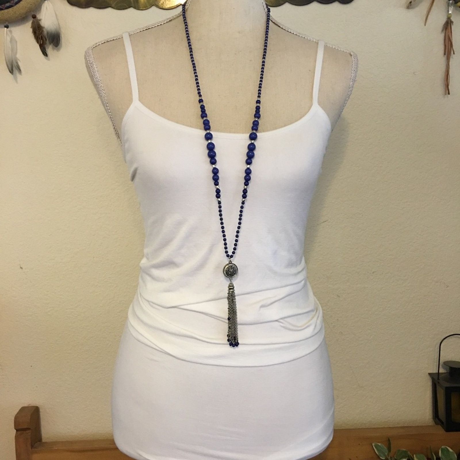 Jewelry Navy and silver beaded tassel rhinestone necklace Size ONE SIZE - 4 Thumbnail