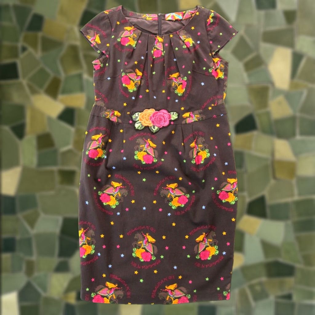 Pinko VINTAGE Rosalita McGee Dress Cap Sleeve Sheath Brown Pink Floral Cotton Stretch Size L / US 10 / IT 46 - 1 Thumbnail