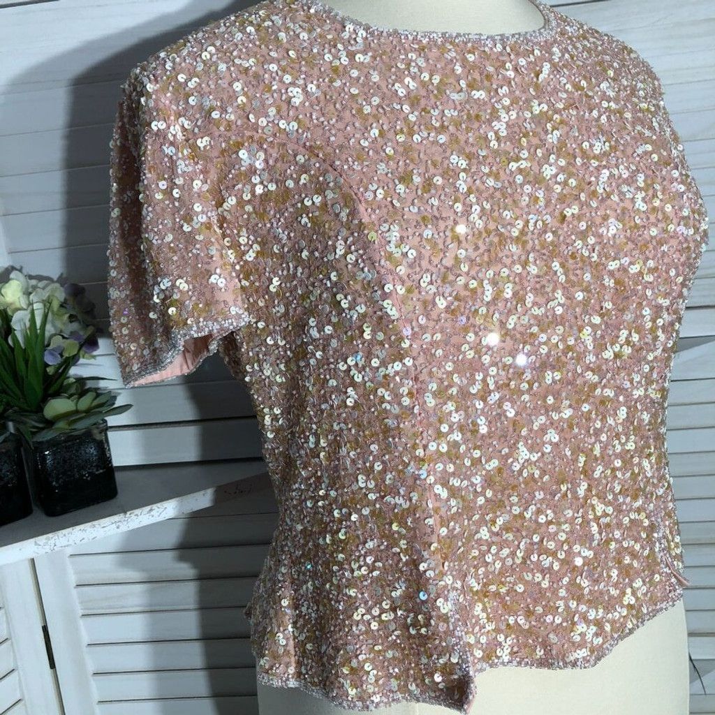 Vintage beaded sequined silk shiny pink blouse cocktail Sz XL Size XL / US 12-14 / IT 48-50 - 10 Thumbnail